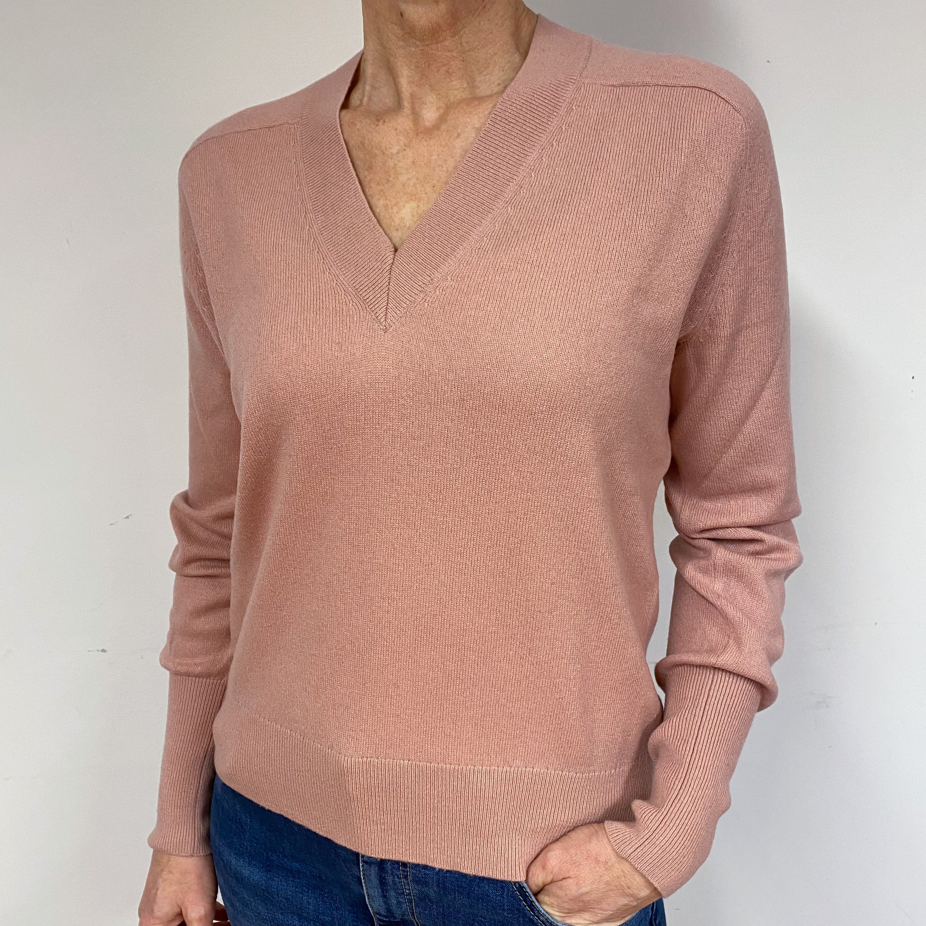 Designer Blush Pink Cashmere V-Neck Jumper Medium