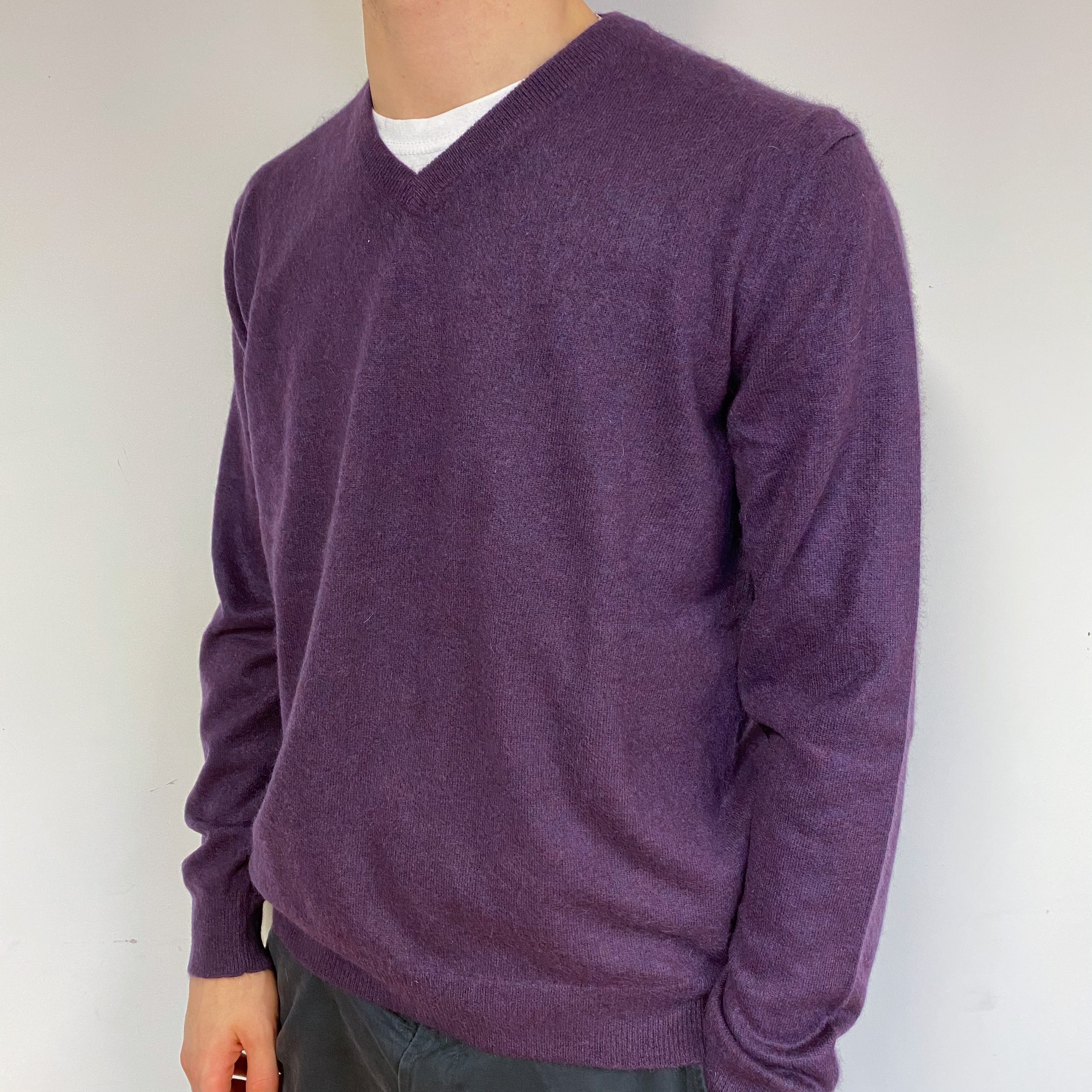 Men's Blueberry Purple Cashmere V-Neck Jumper Large