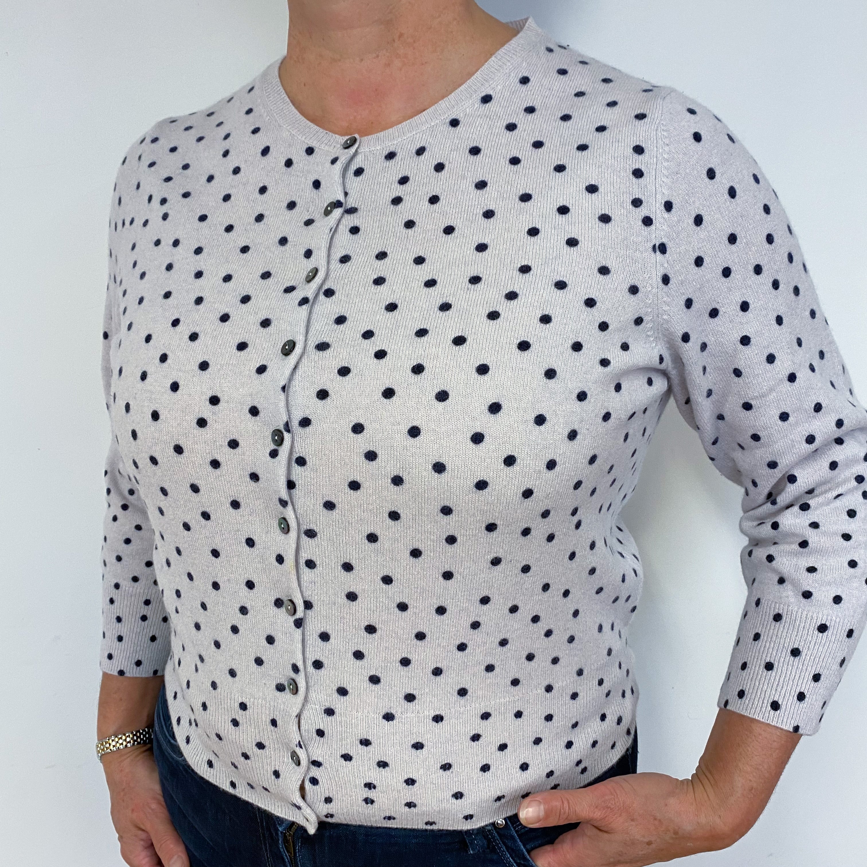 Winter White and Navy Spotted Cashmere Cardigan Large