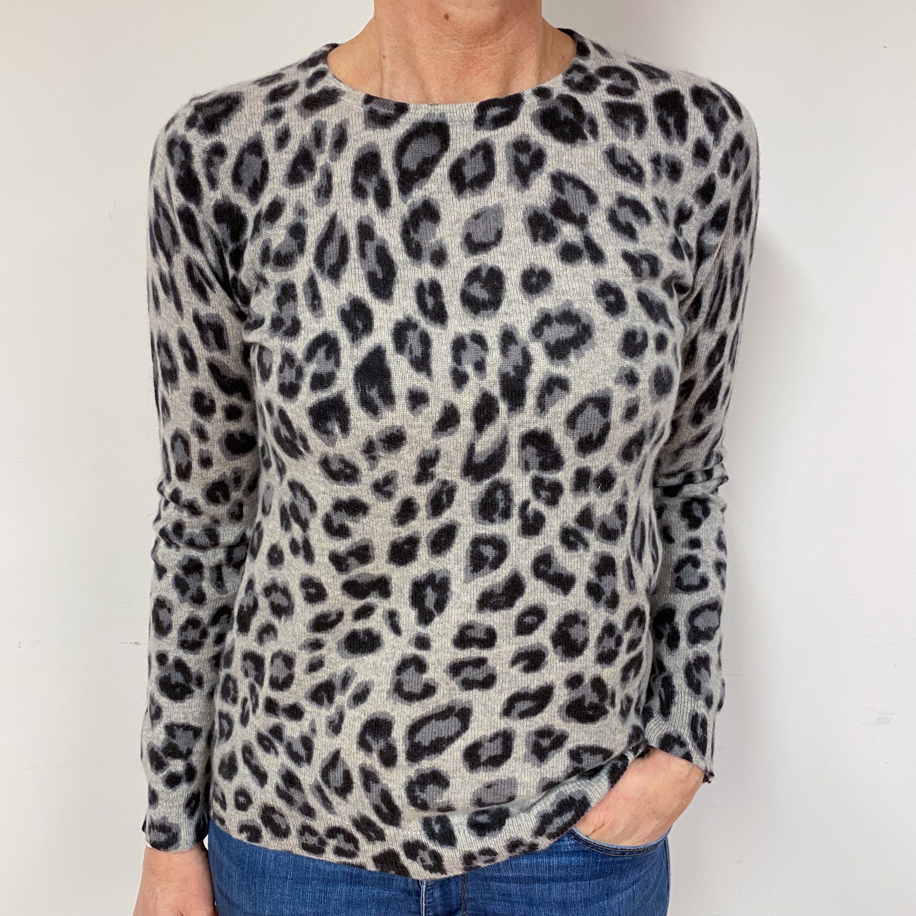 Grey Leopard Cashmere Crew Neck Jumper Medium