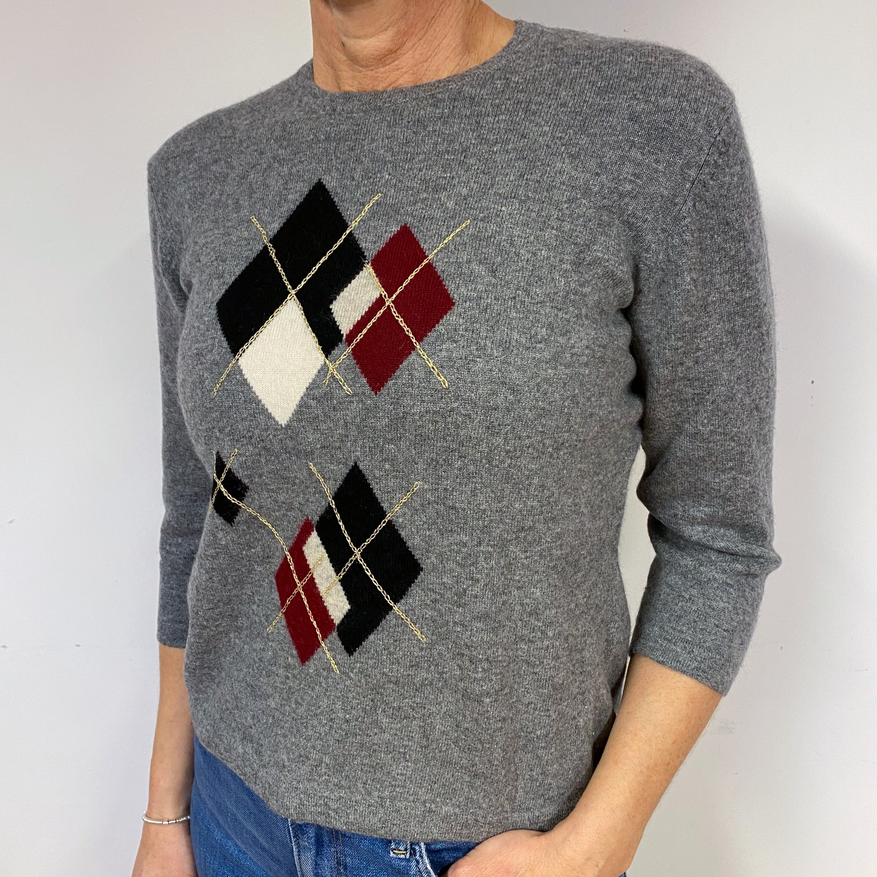 Steel Grey Diamond Cashmere Crew Neck Jumper Medium