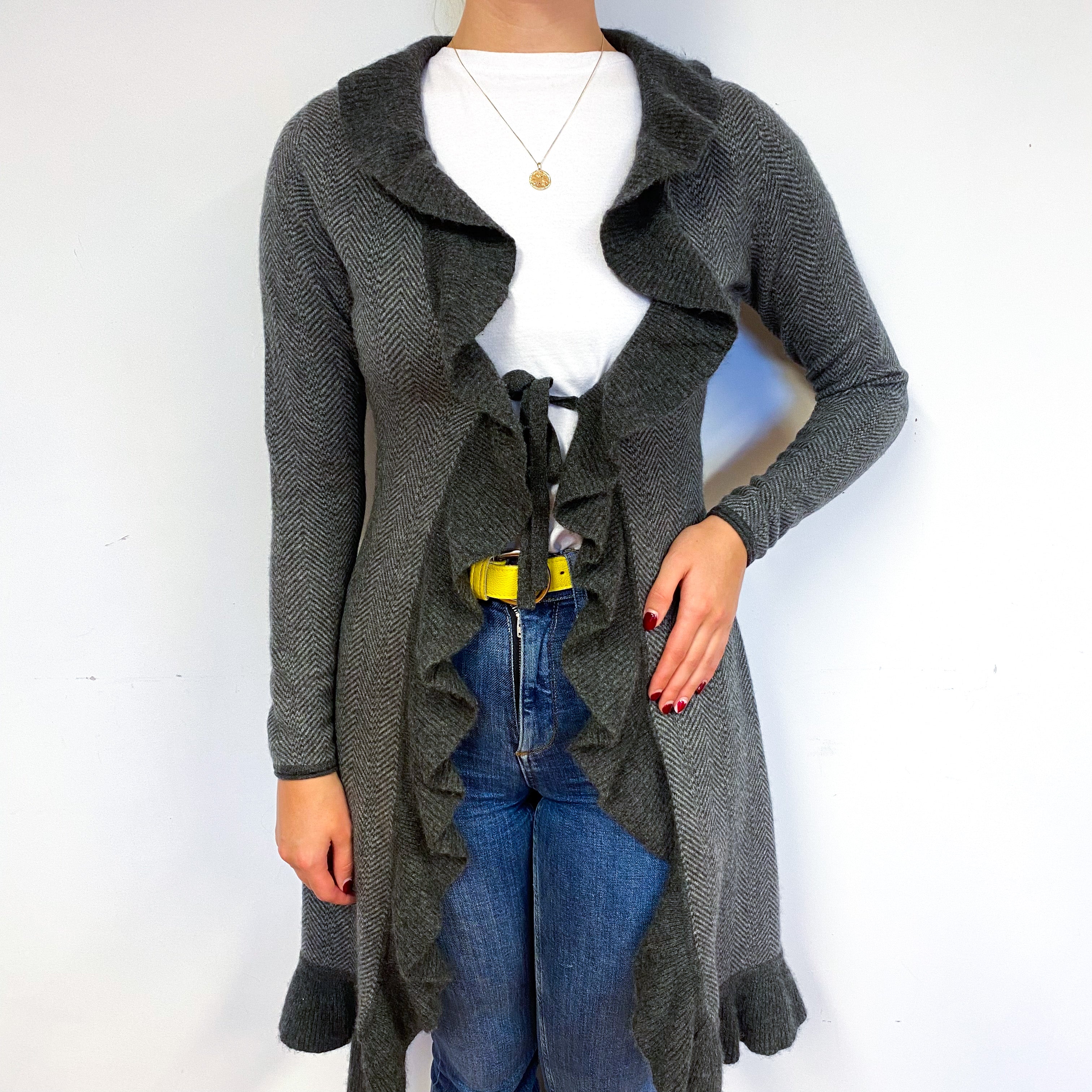 Slate Grey Ruffle Edged Cashmere Cardigan Small