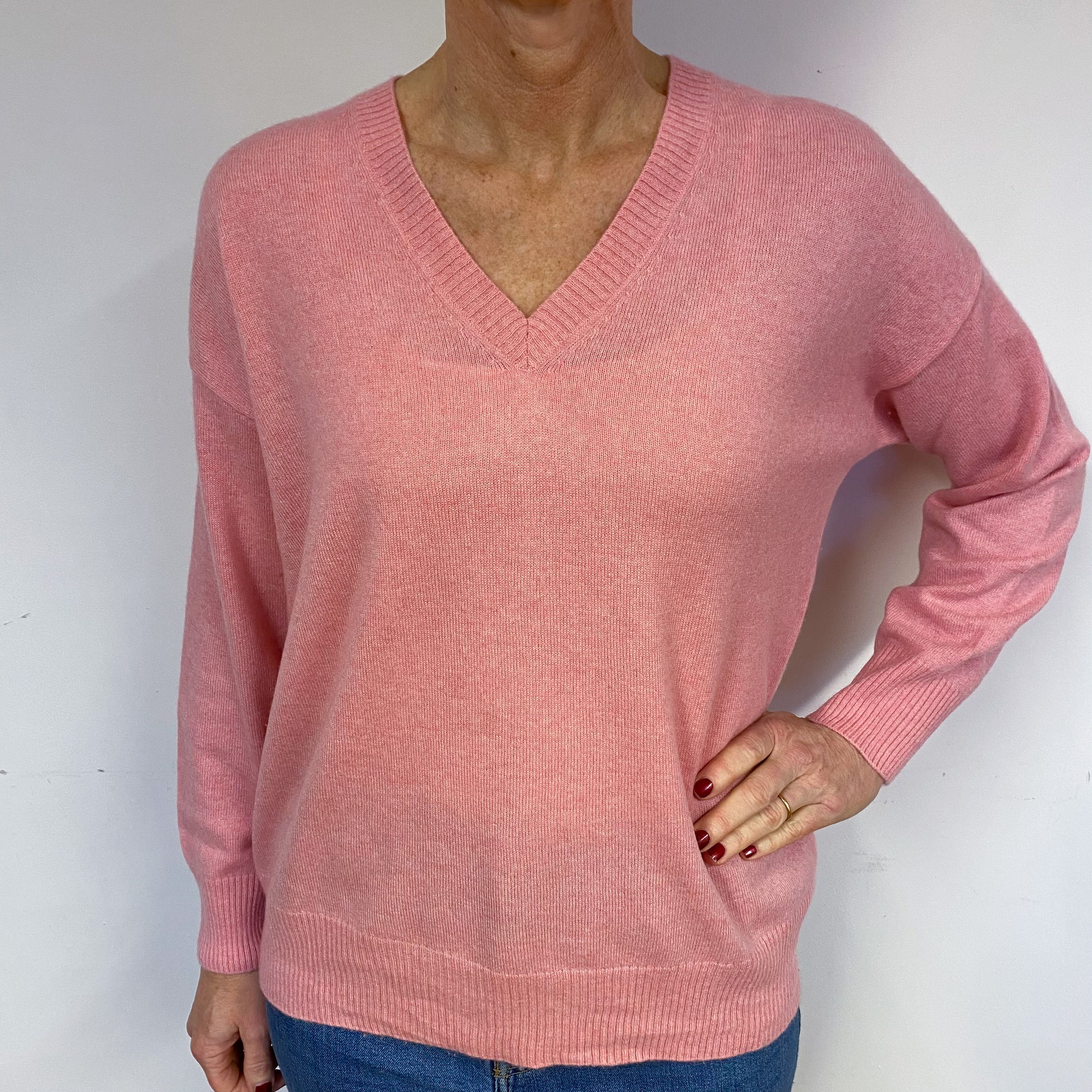 Slouchy Candy Pink Cashmere V-Neck Jumper Medium