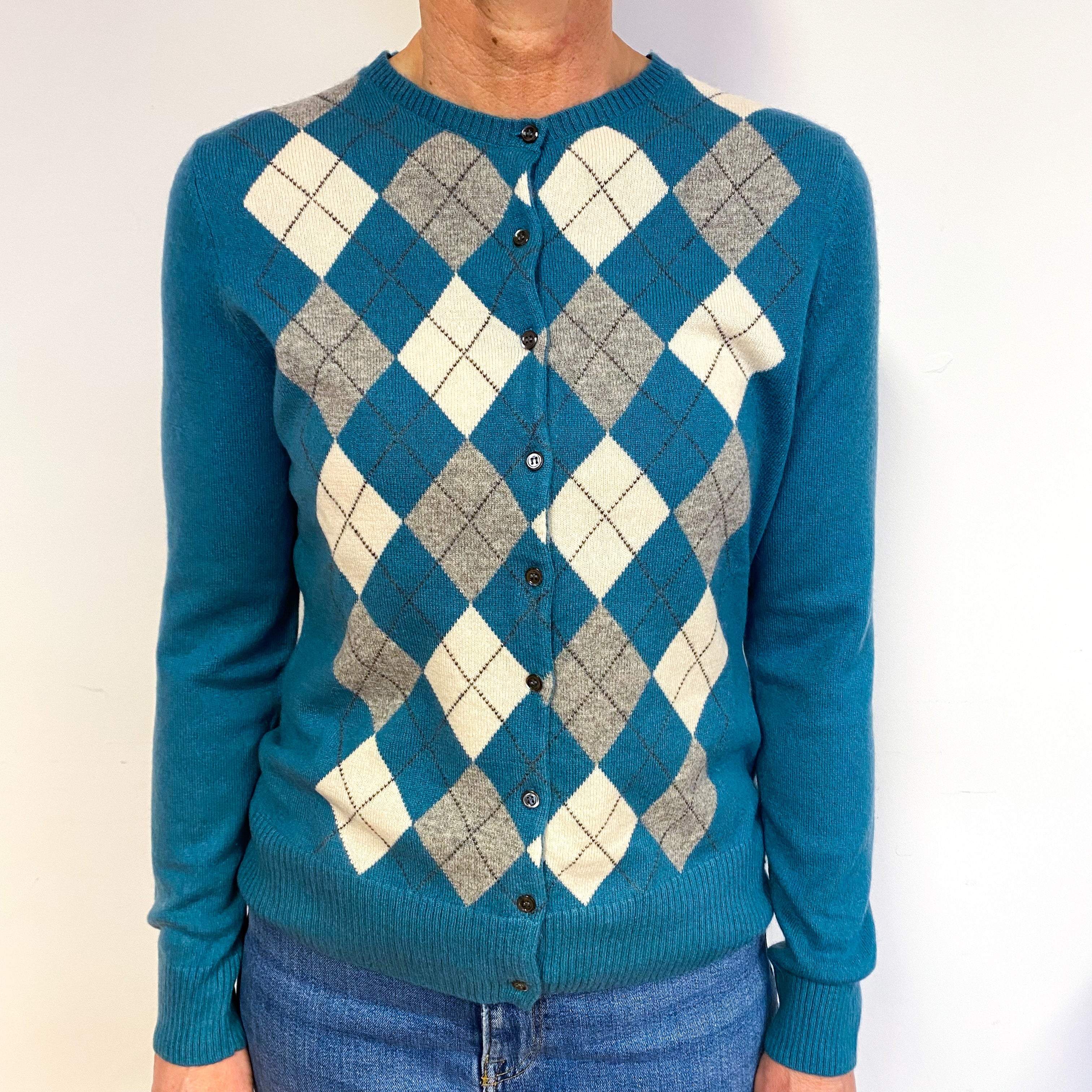 Teal Green Argyle Cashmere Crew Neck Cardigan Medium