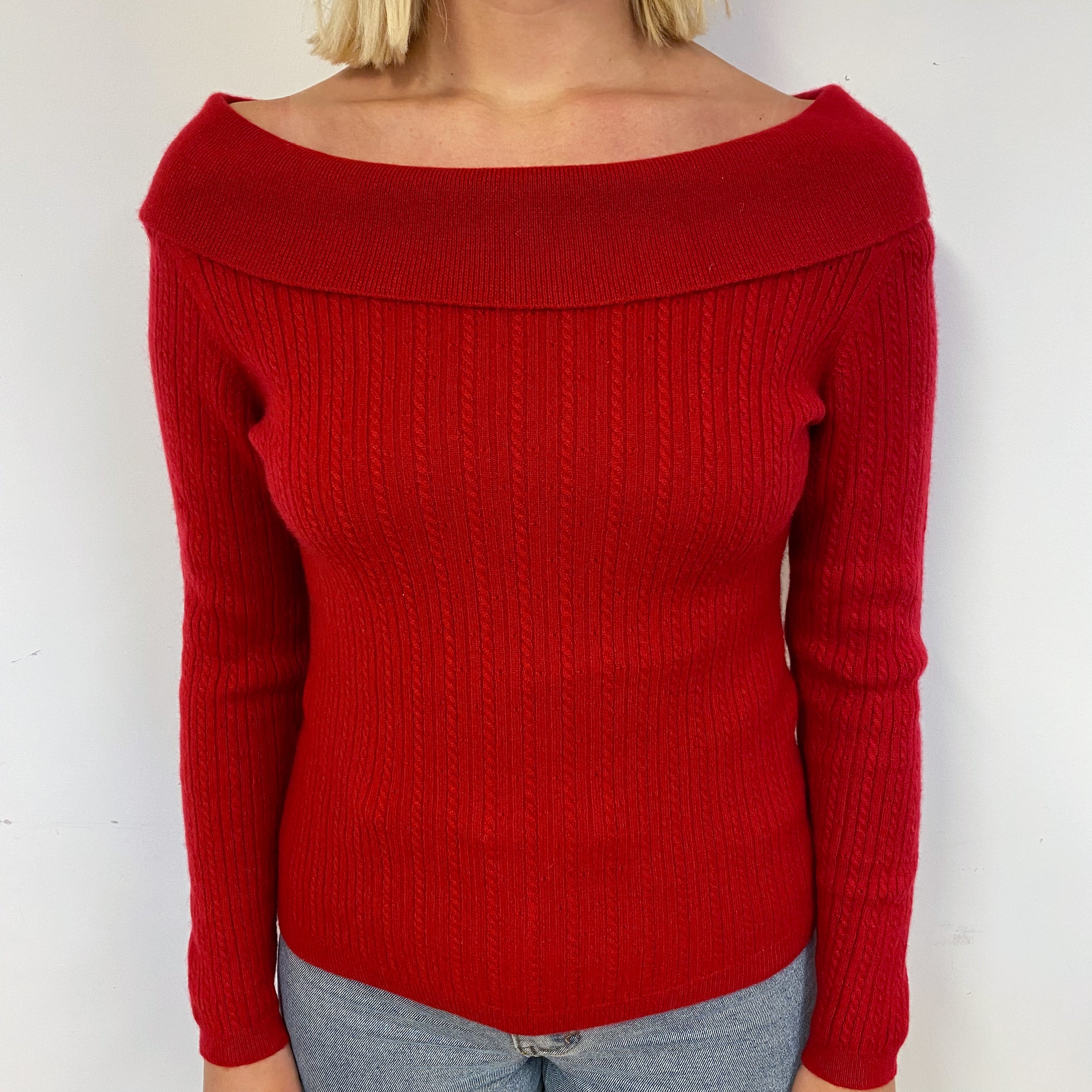 Red Cable Cashmere Off-Shoulder Jumper Small