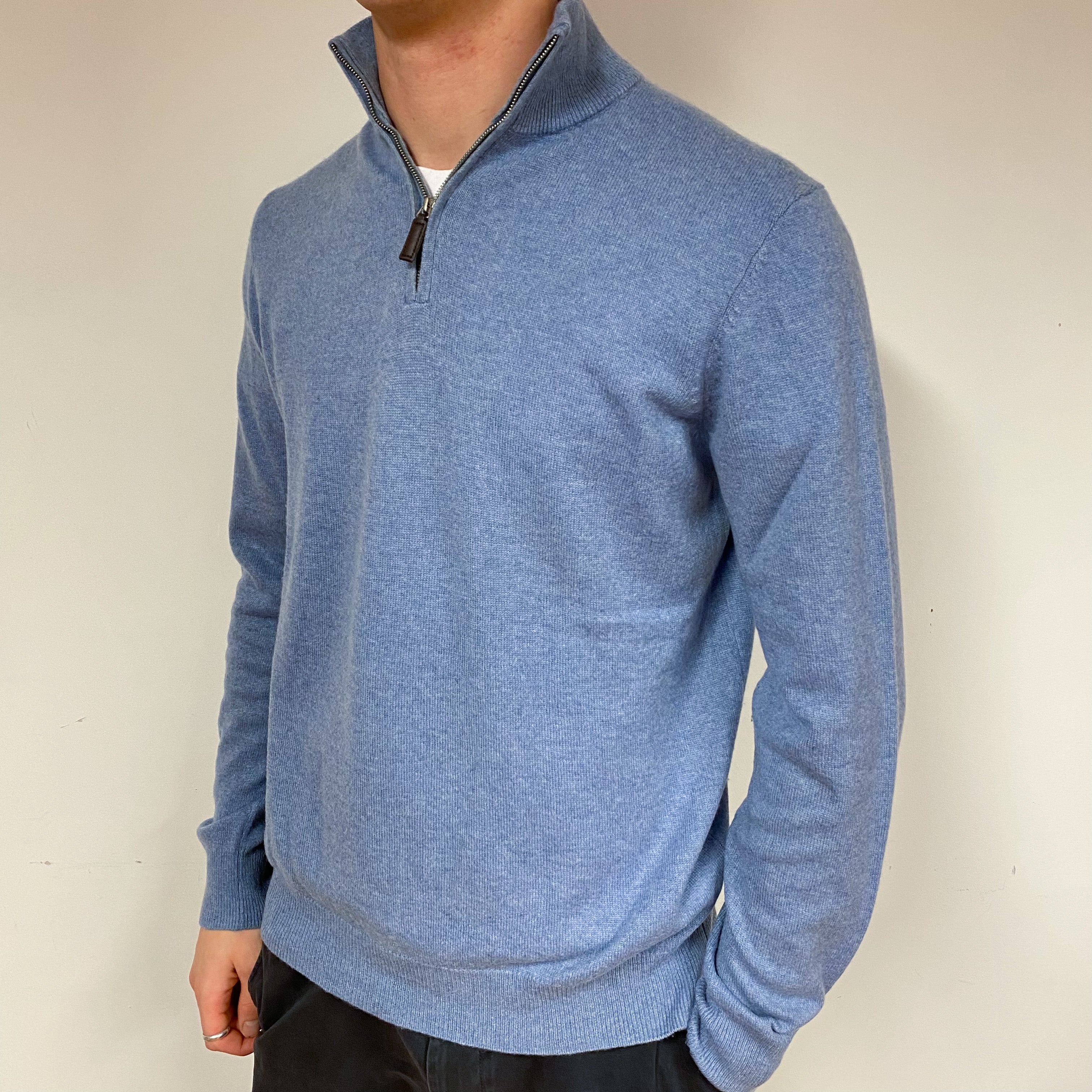 Men's Sky Blue Cashmere Quarter Zip Jumper Large