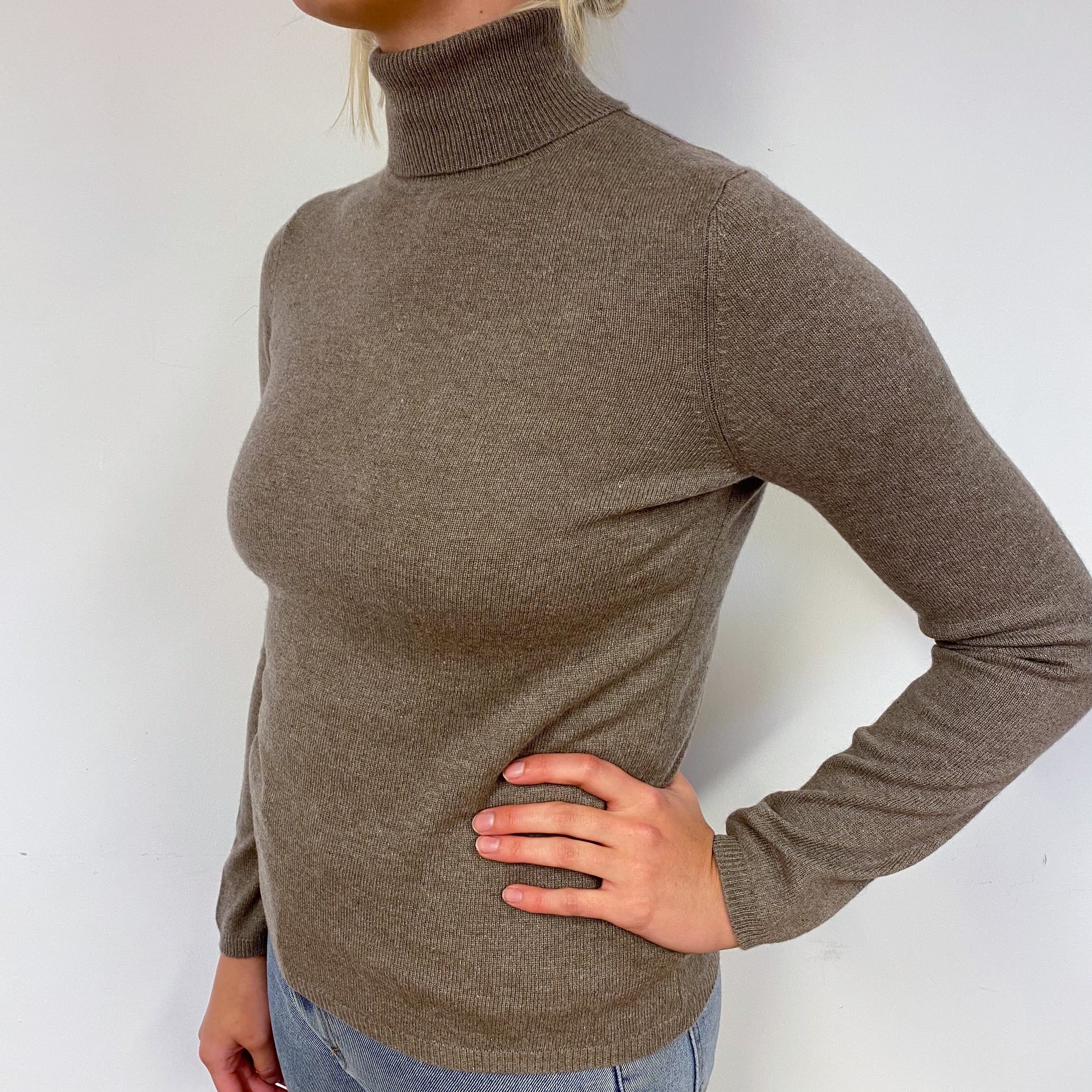 Mocha Brown Cashmere Polo Neck Jumper Small