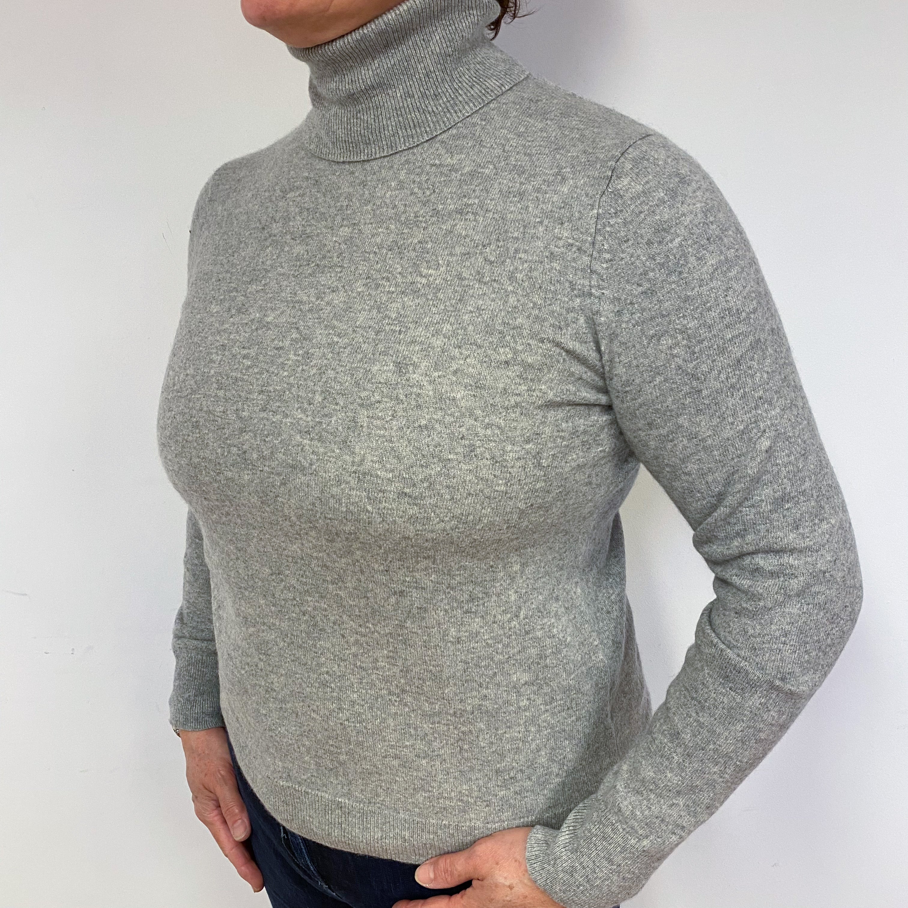 Slim Smoke Grey Cashmere Polo Neck Jumper Large