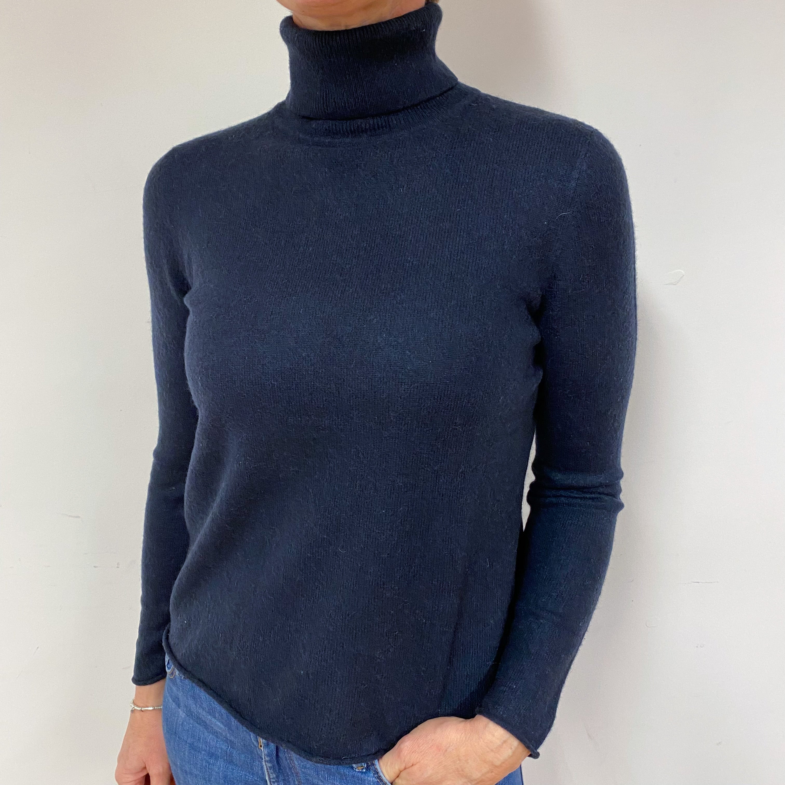 Dark Navy Blue Cashmere Polo Neck Jumper Medium