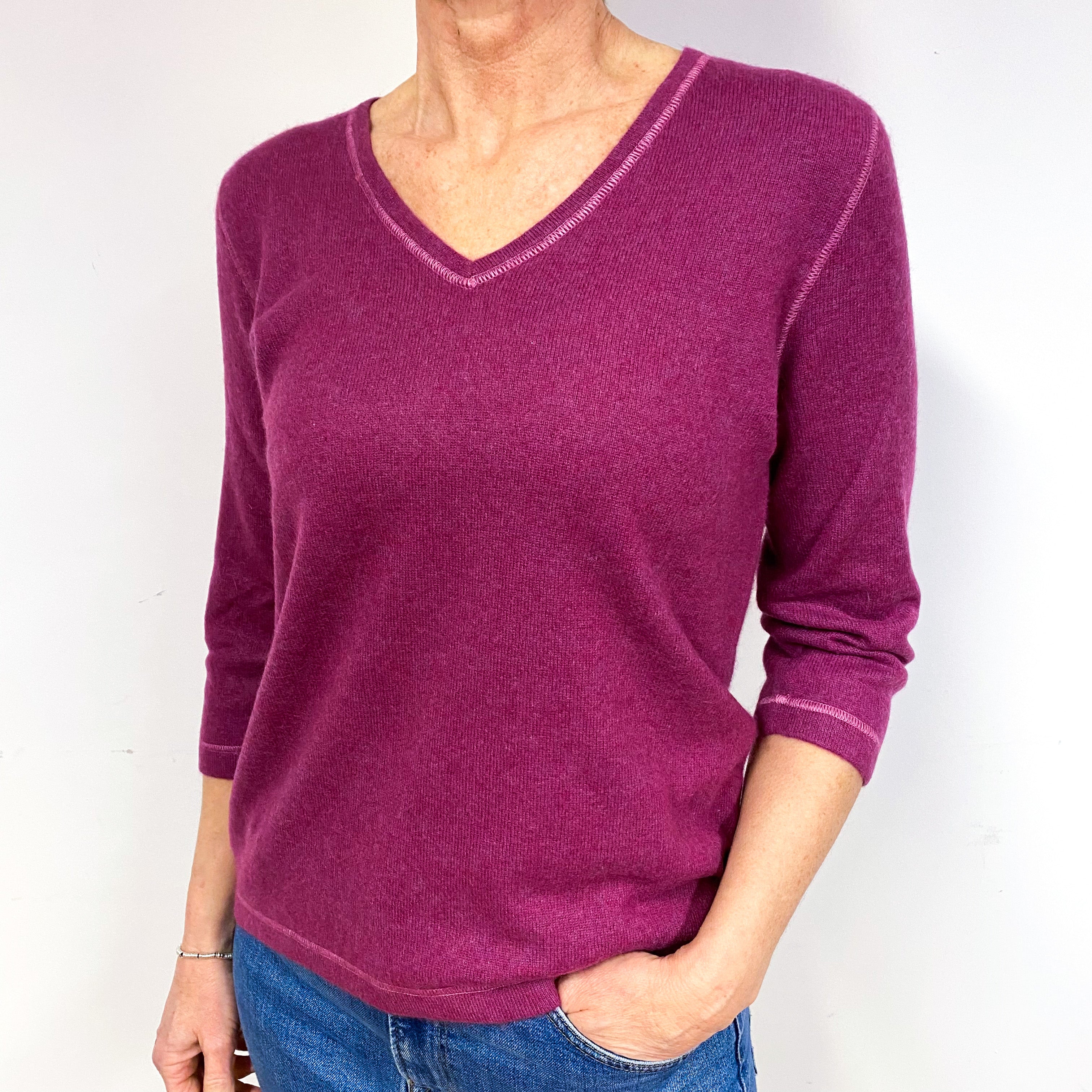 Magenta Purple 3/4 Sleeve Cashmere V-Neck Jumper Medium