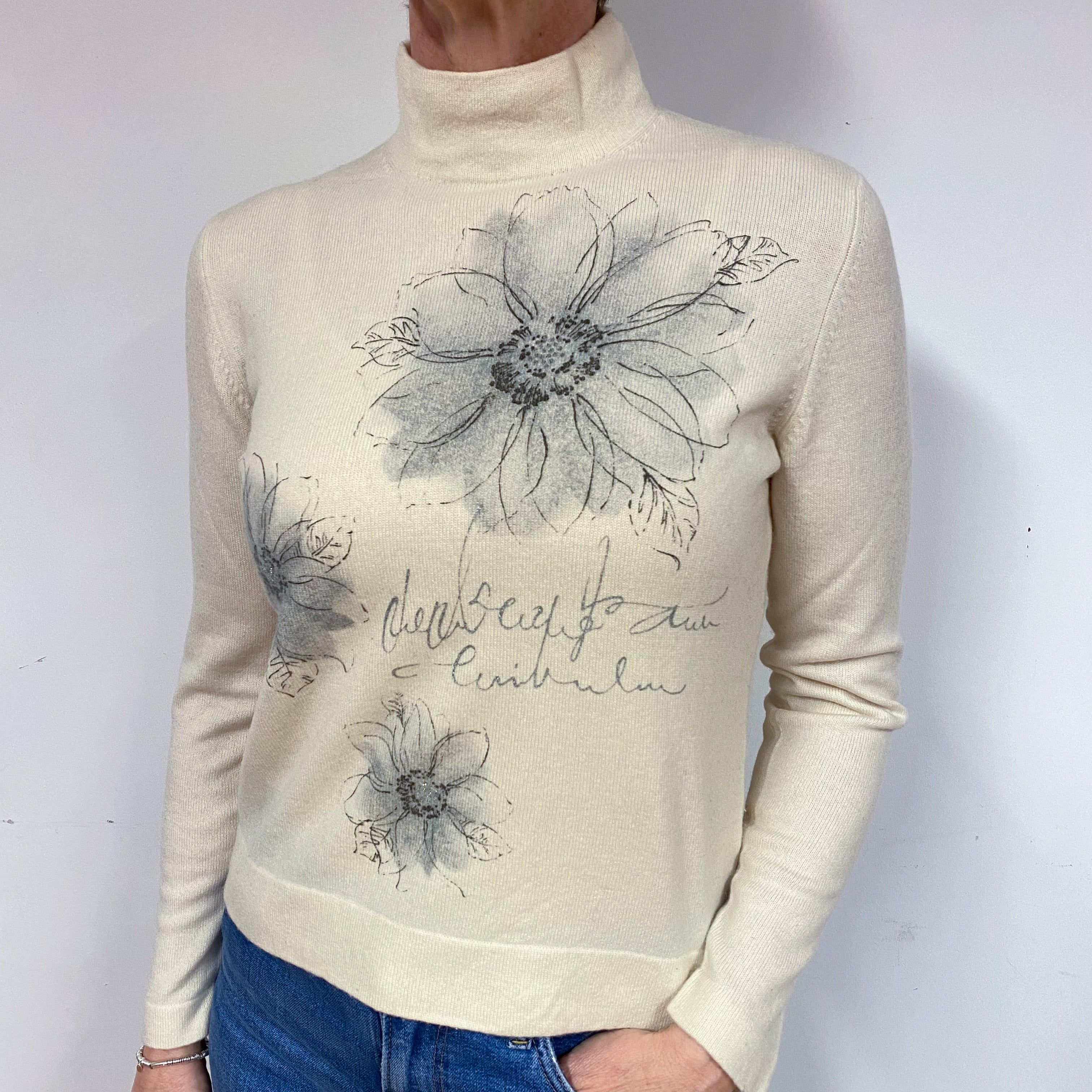 Cream Floral Cashmere Turtle Neck Jumper Medium