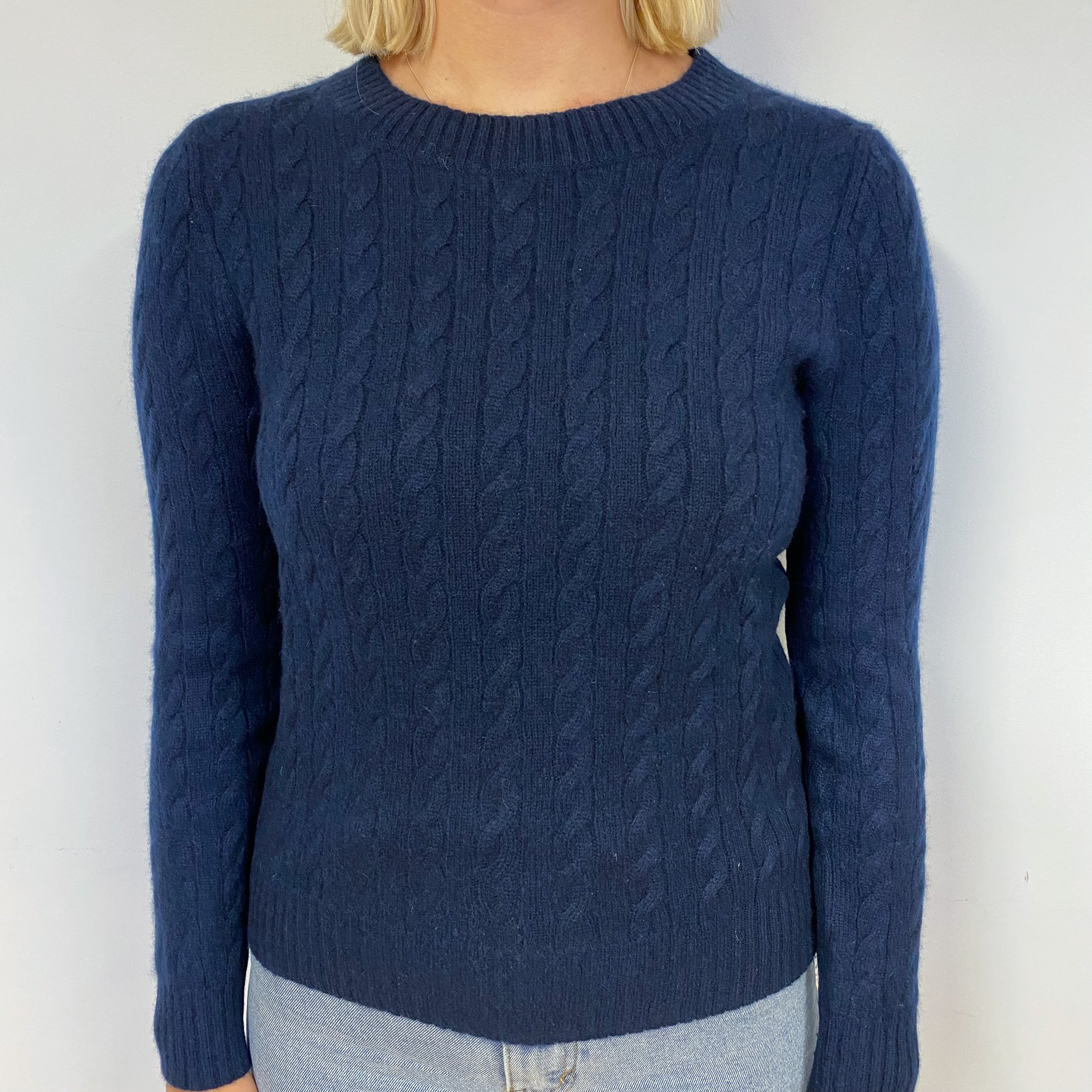 Navy Blue Cashmere Cable Knit Crew Neck Jumper Small