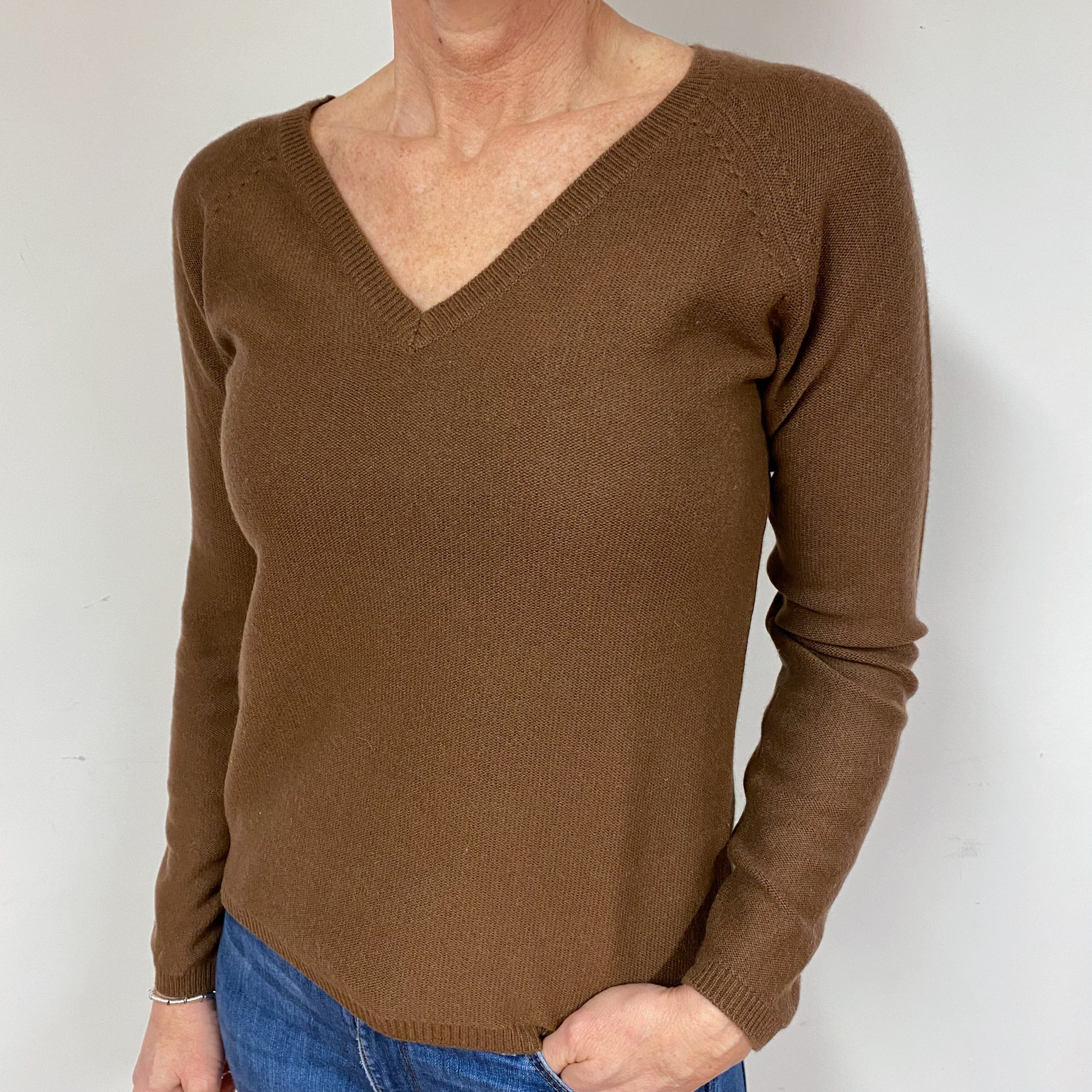 Chocolate Brown Cashmere V-Neck Jumper Medium