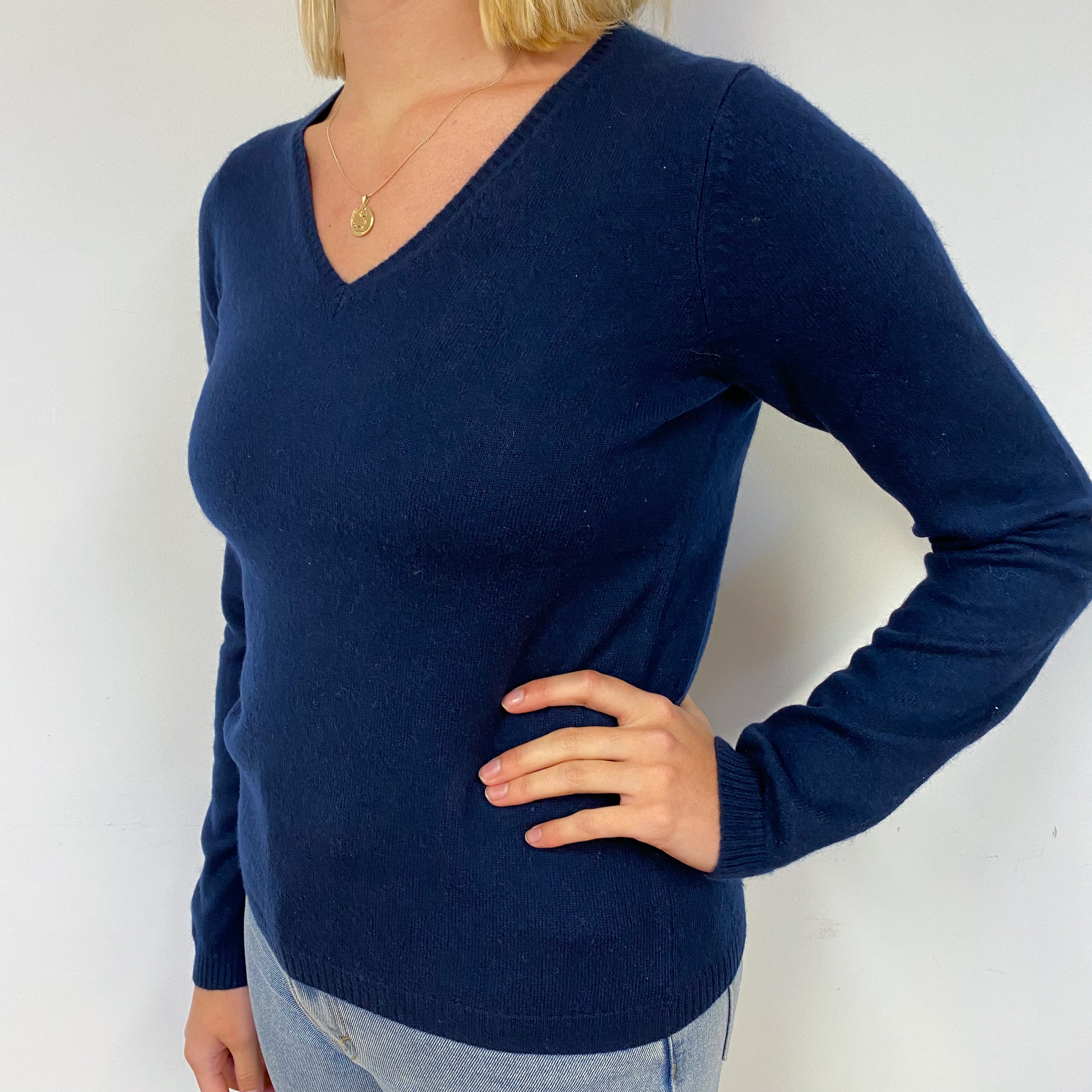 Dark Navy Blue Cashmere V-Neck Jumper Small