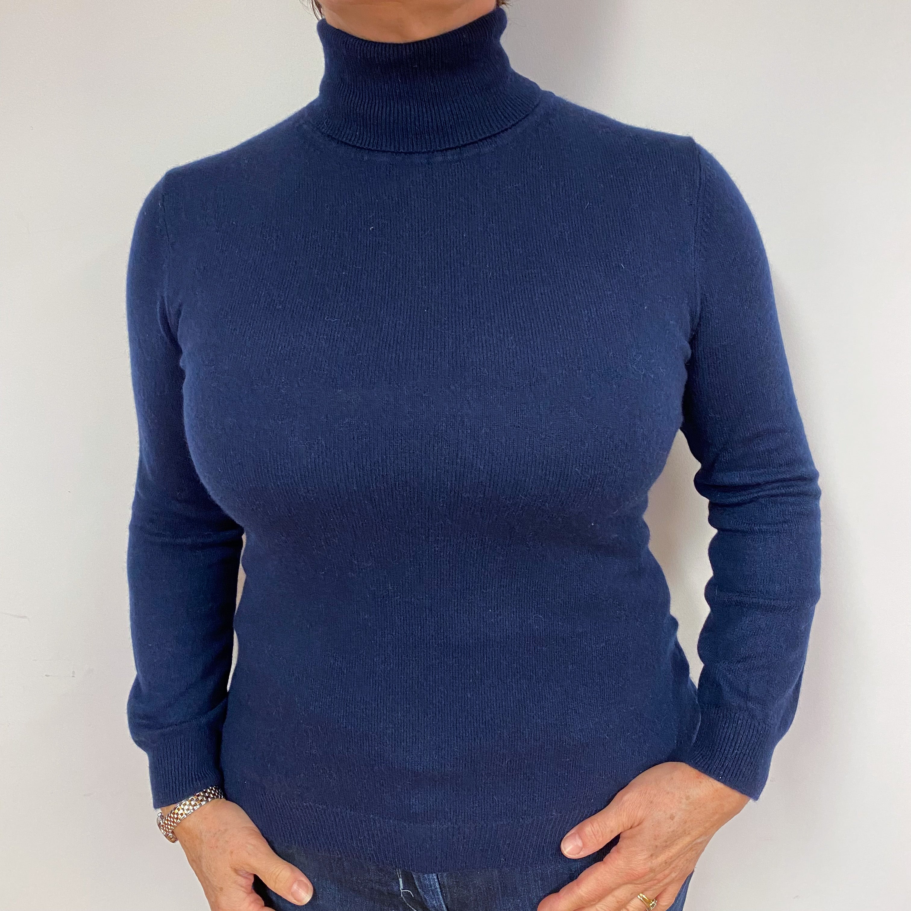 Navy Blue Cashmere Polo Neck Jumper Large