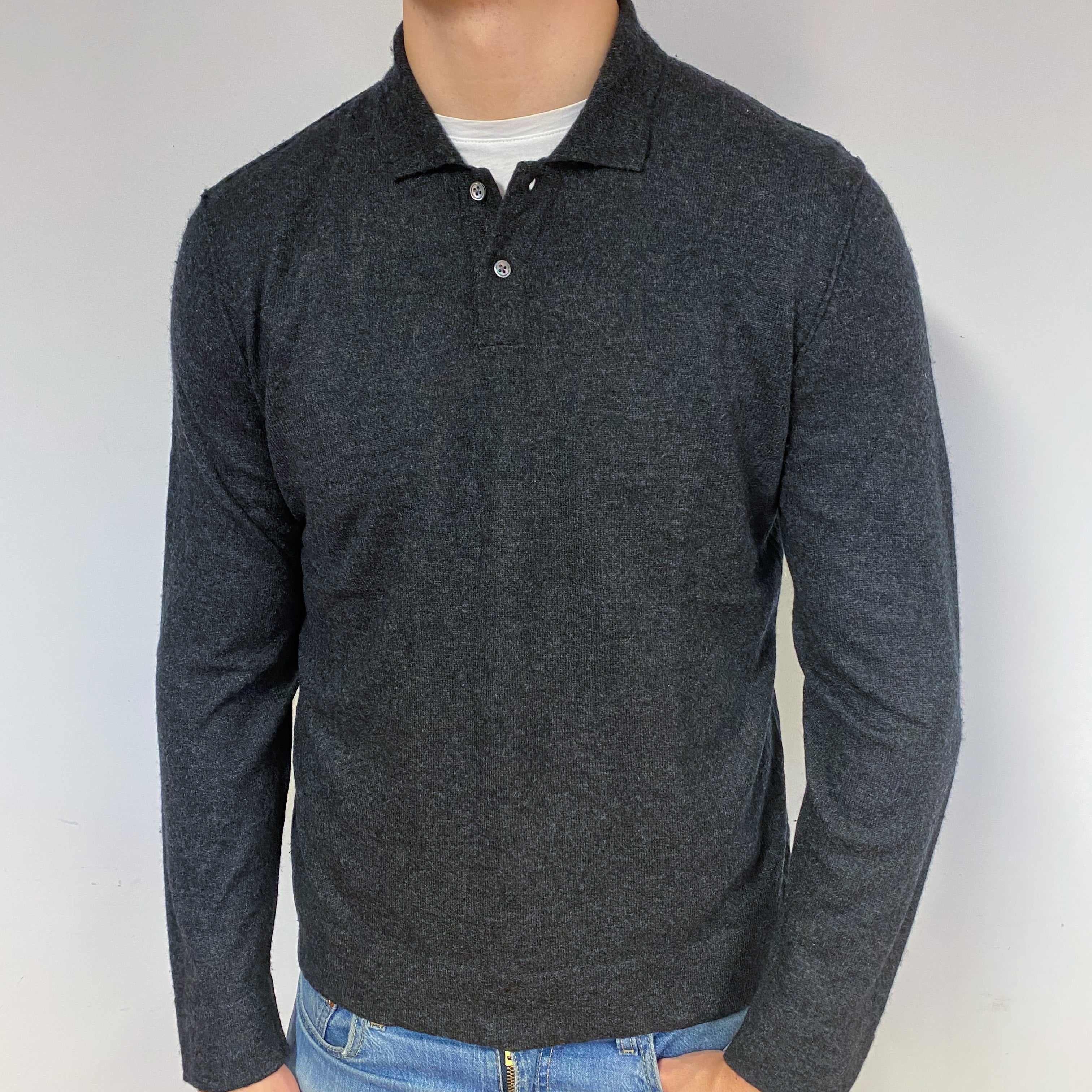 Men's Lightweight Dark Grey Cashmere 1/4 Button Jumper Extra Large