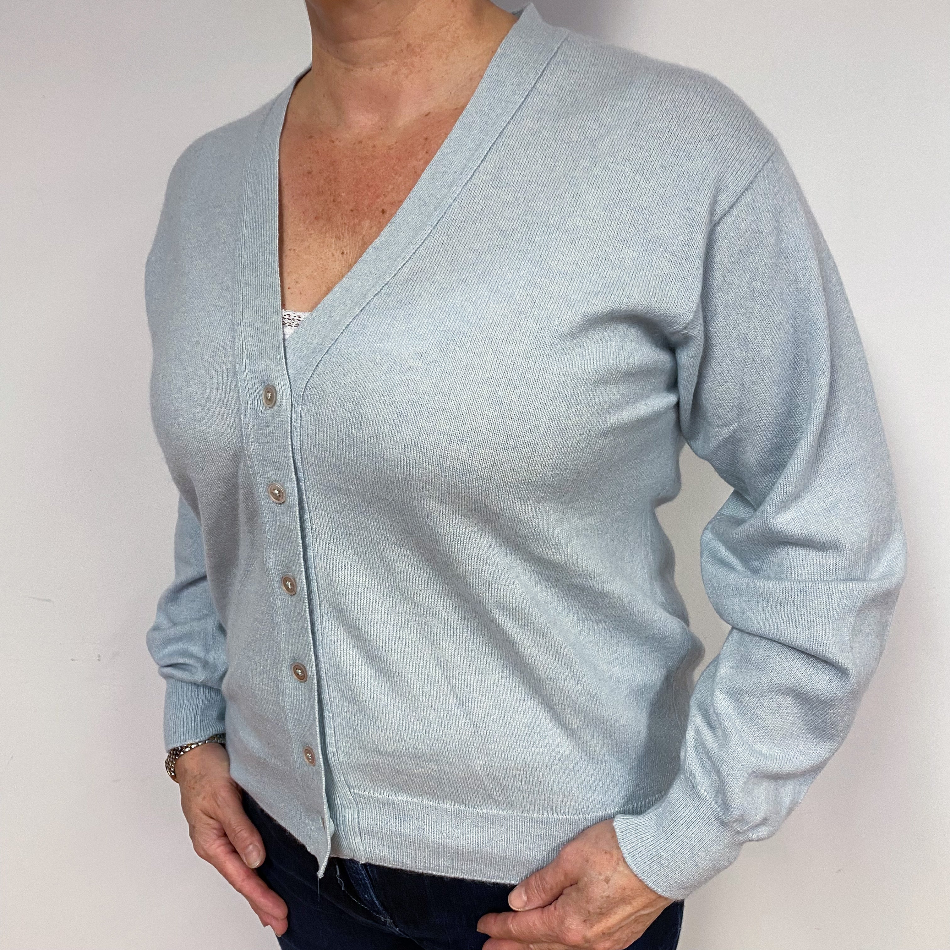 Scottish Ice Blue Cashmere V-Neck Cardigan Large