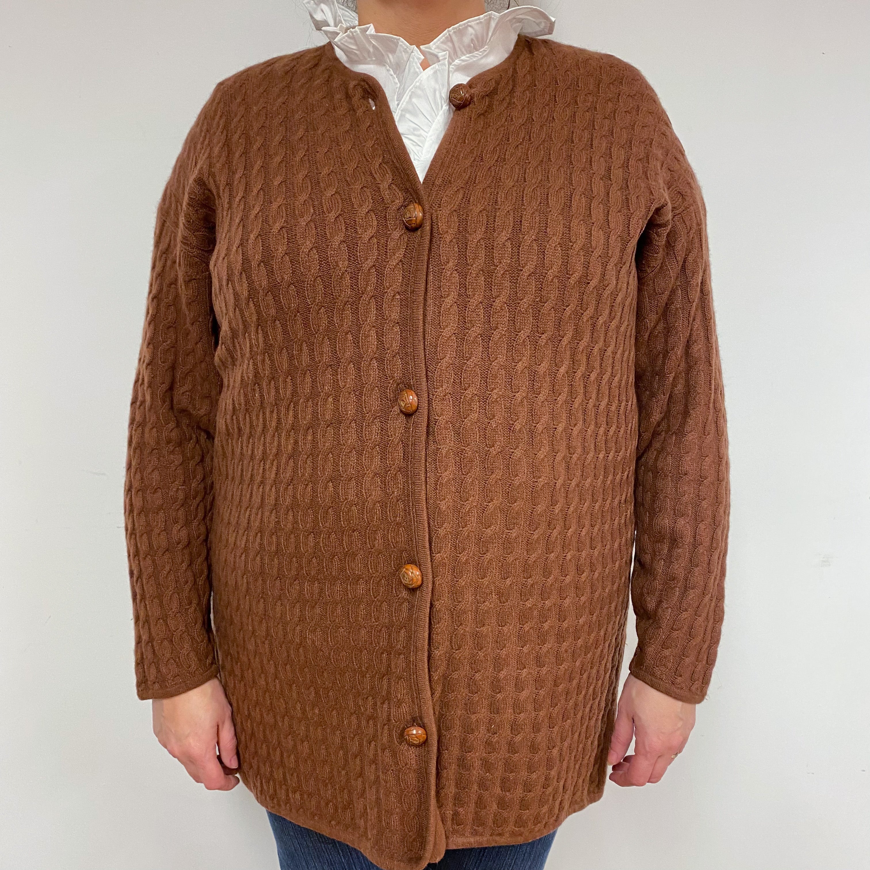 Vintage Pecan Brown Cable Cashmere Cardigan Extra Large