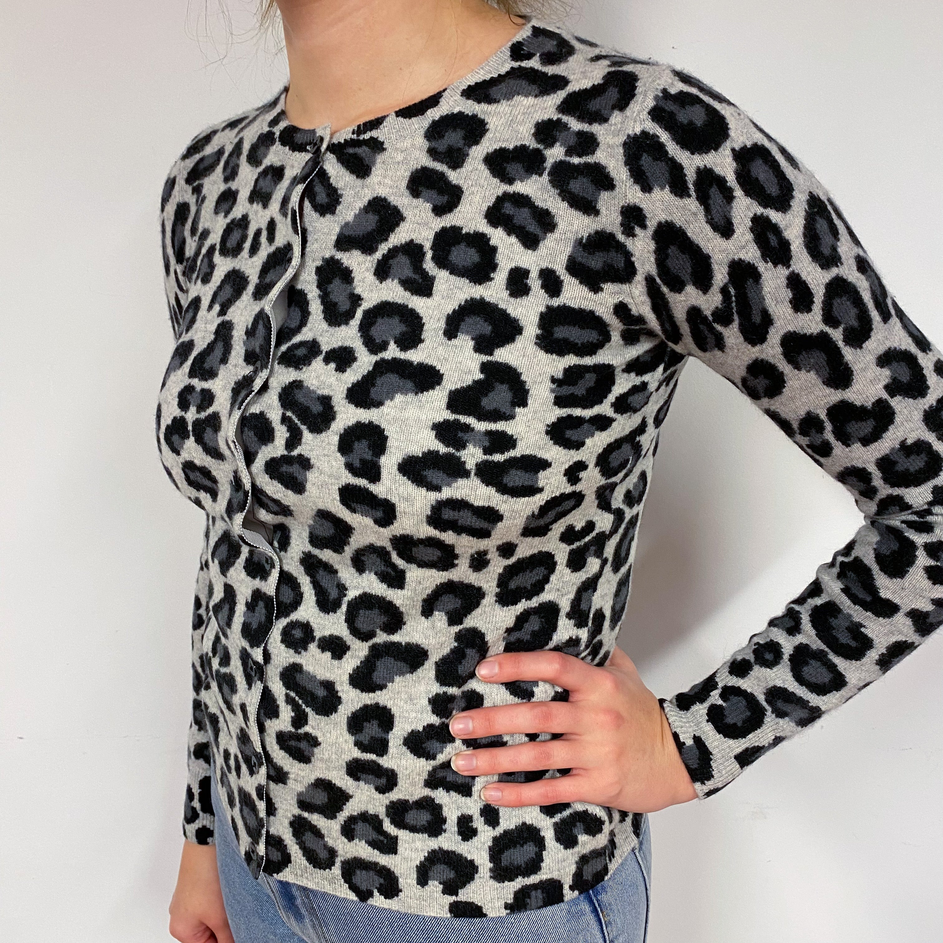 Grey Leopard Print Cashmere Crew Neck Cardigan Small