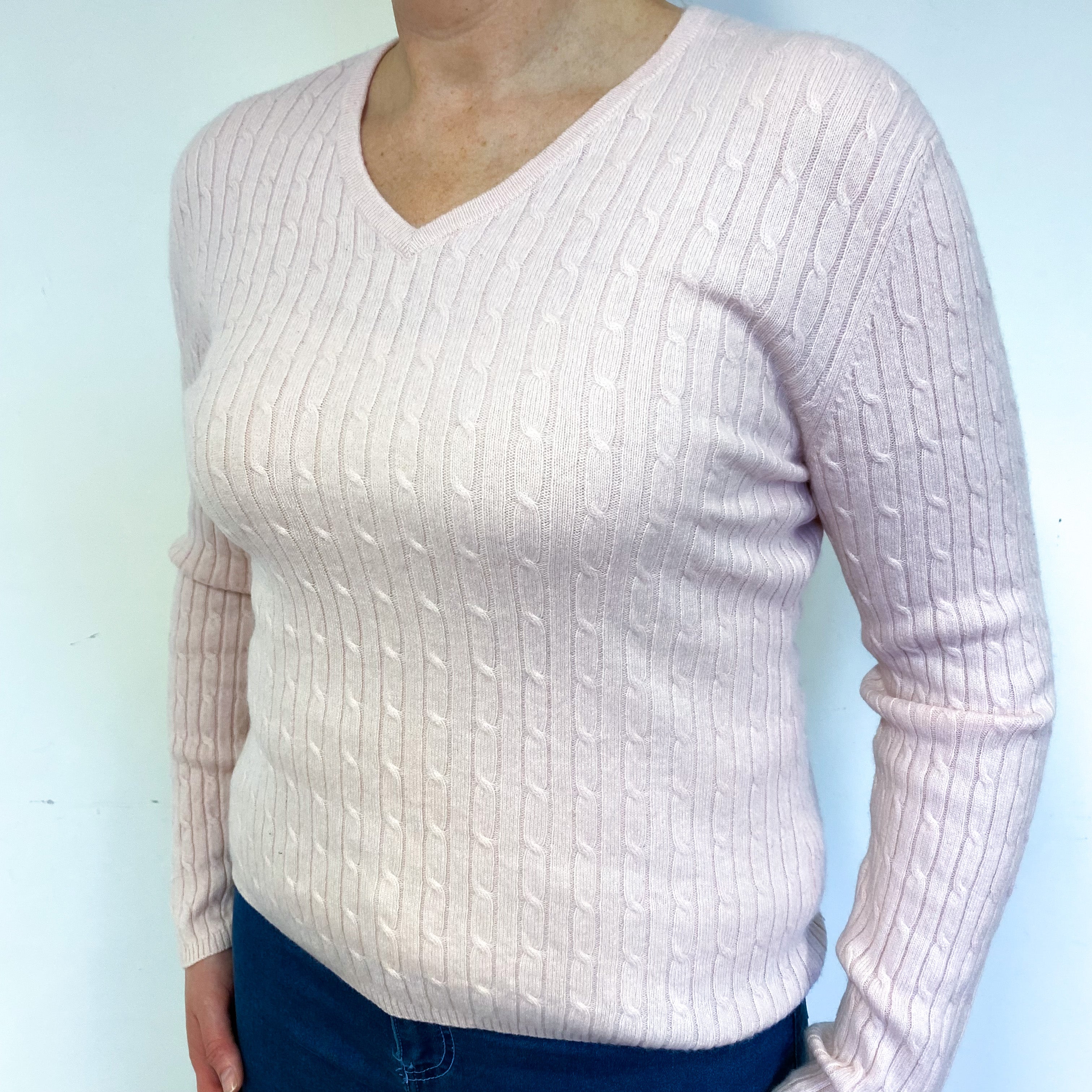 Shell Pink Cable Cashmere V-Neck Jumper Large