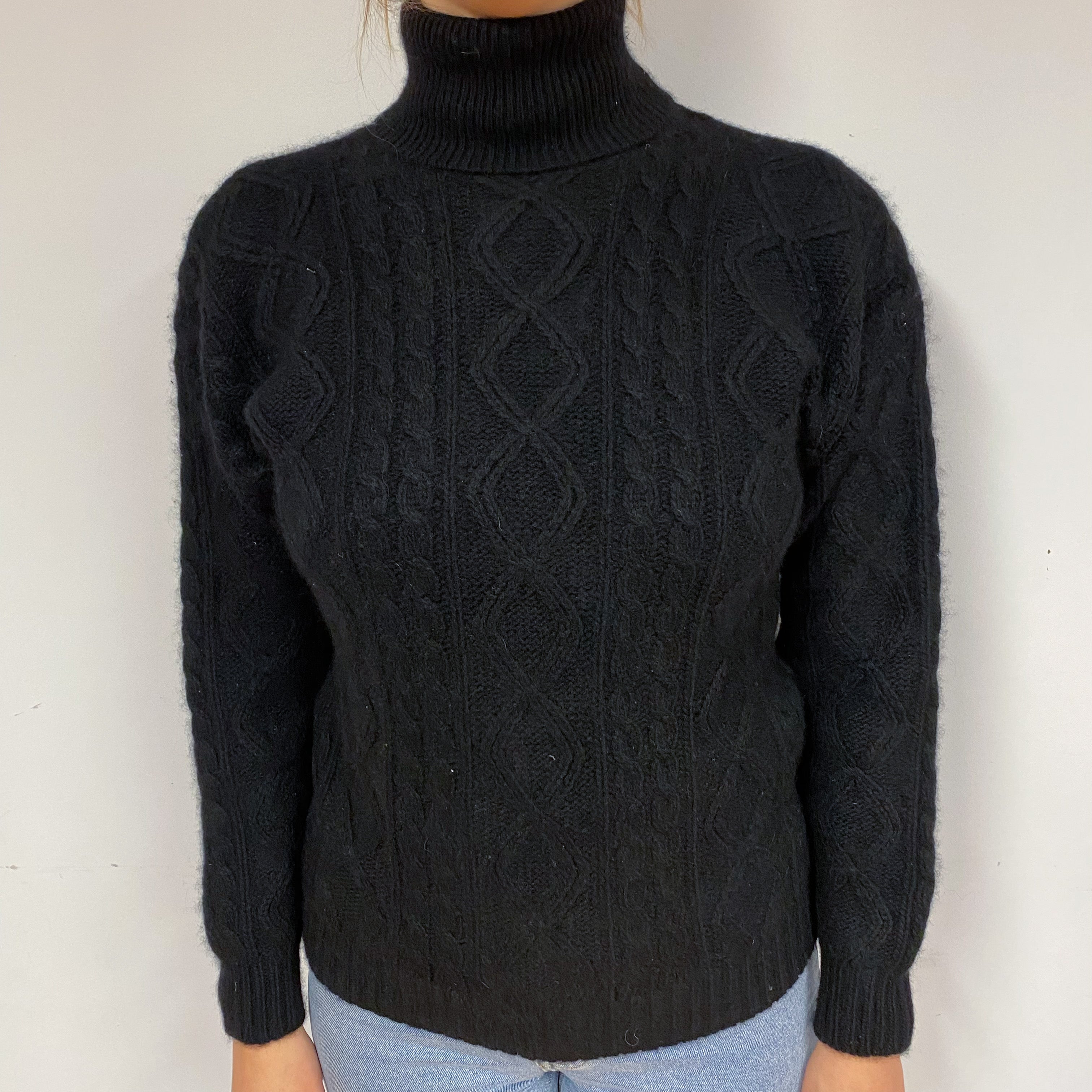 Black Chunky Cable Cashmere Polo Neck Jumper Small