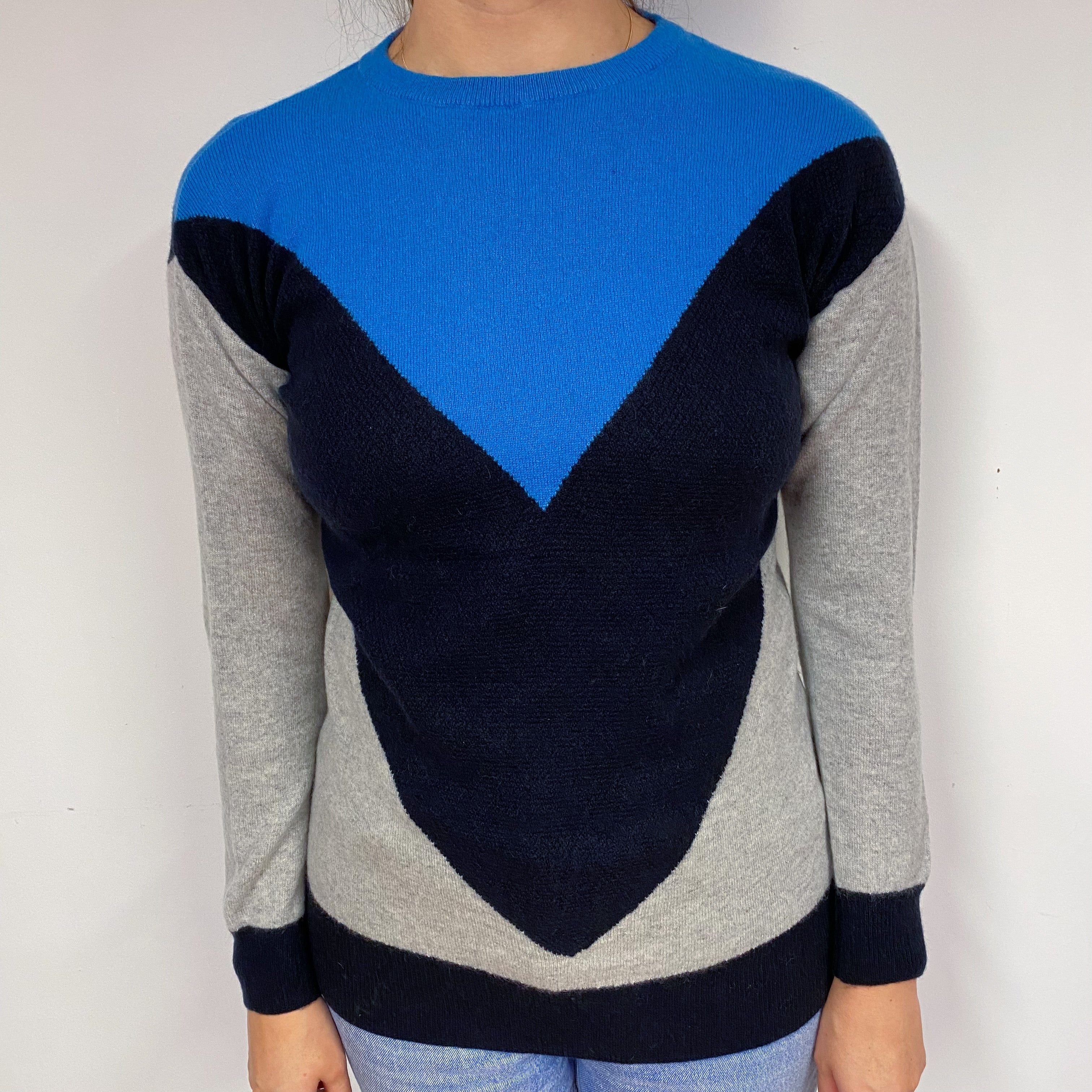 Blue and Grey Cashmere Crew Neck Jumper Small