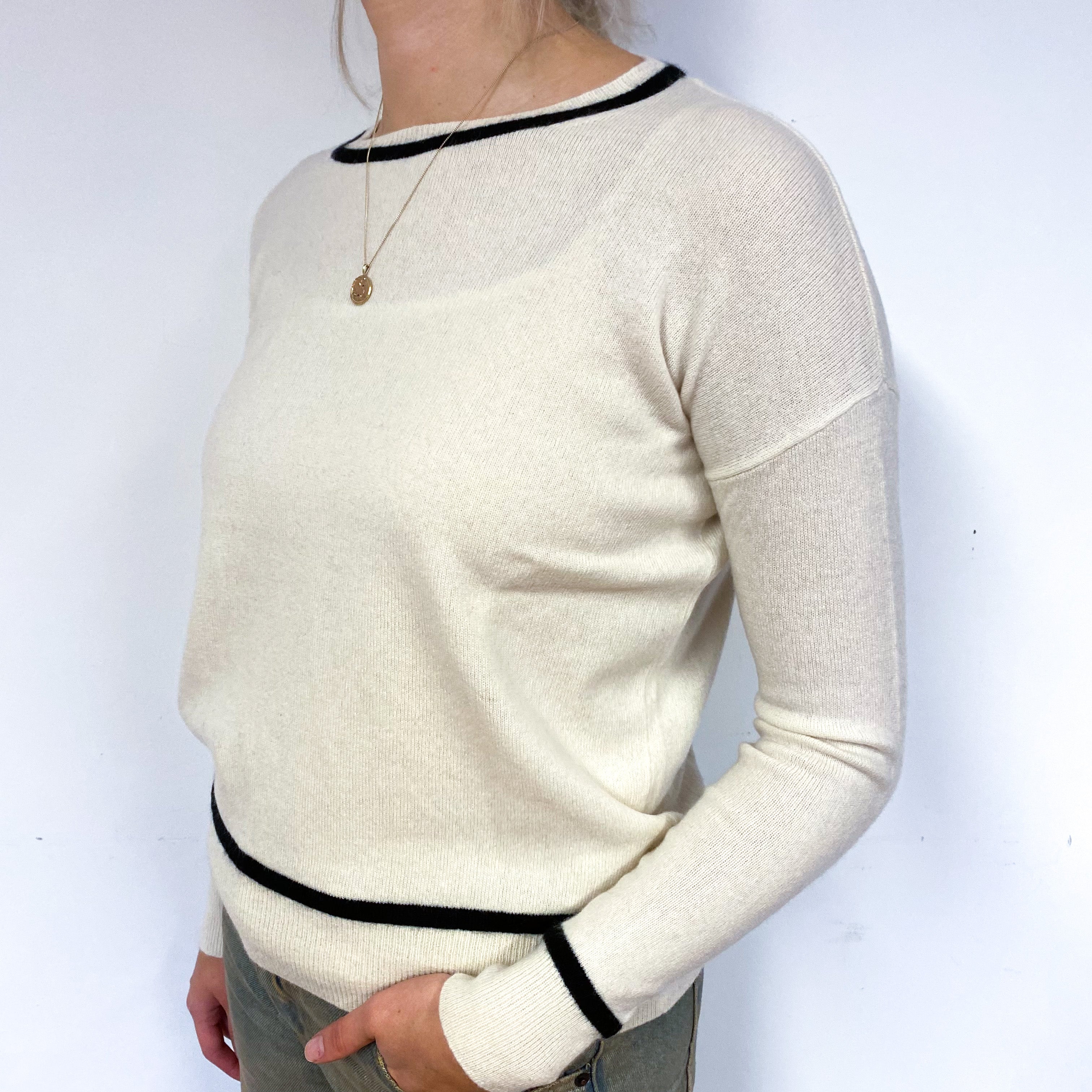 Rachel Zoe Cream and Black Cashmere Crew Neck Jumper Small