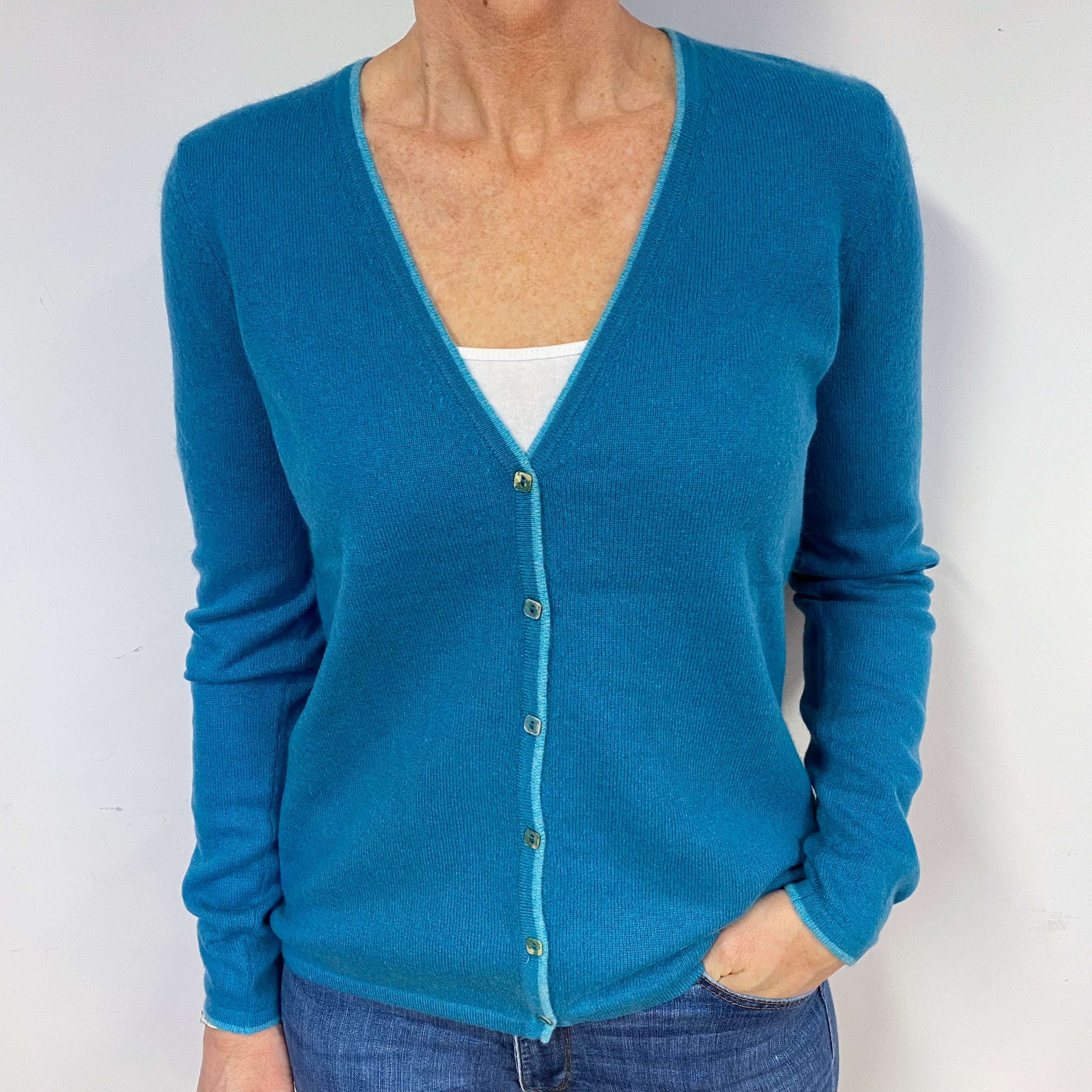 Teal Blue Cashmere V-Neck Cardigan Medium