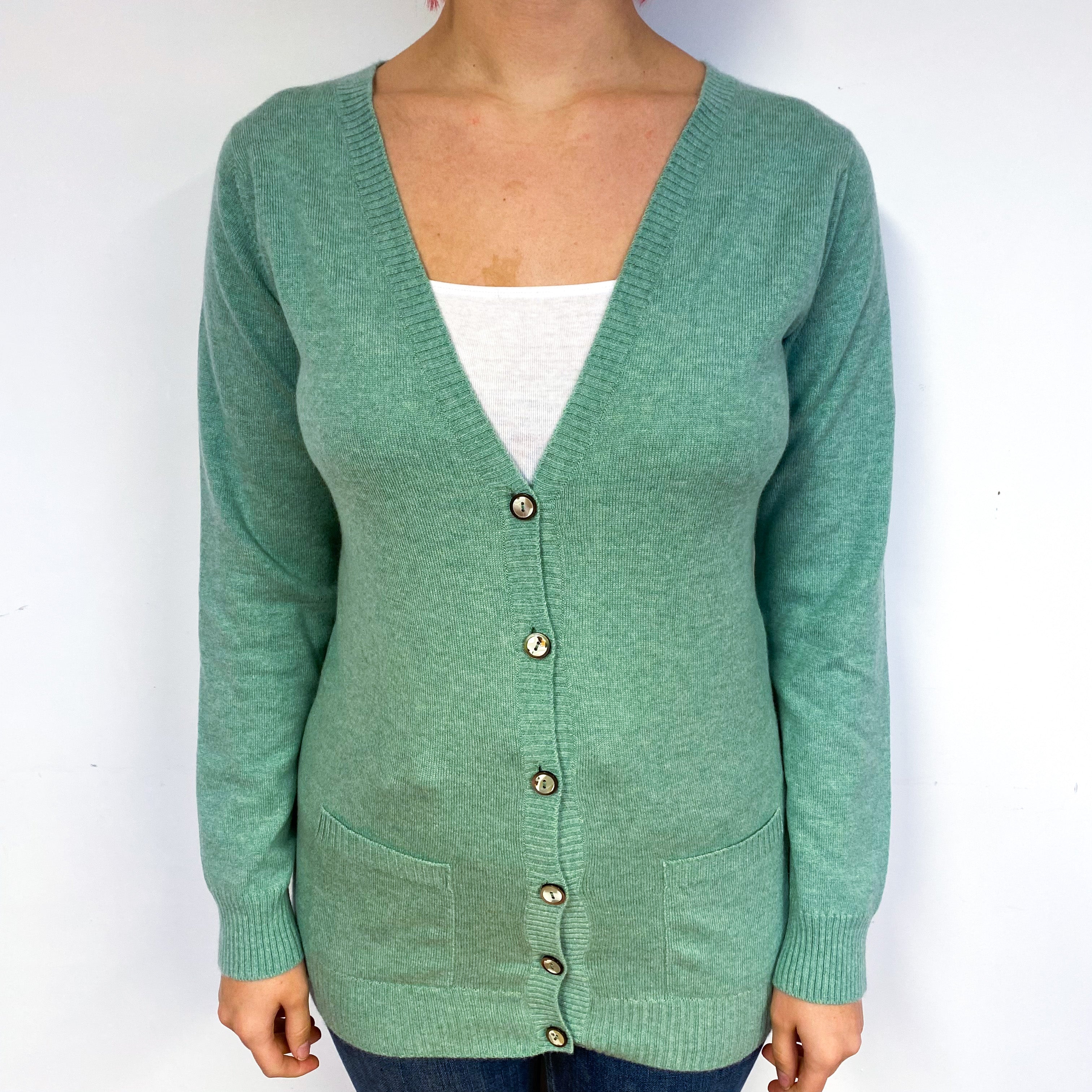 Brora Sea Foam Green Cashmere V-Neck Cardigan Small