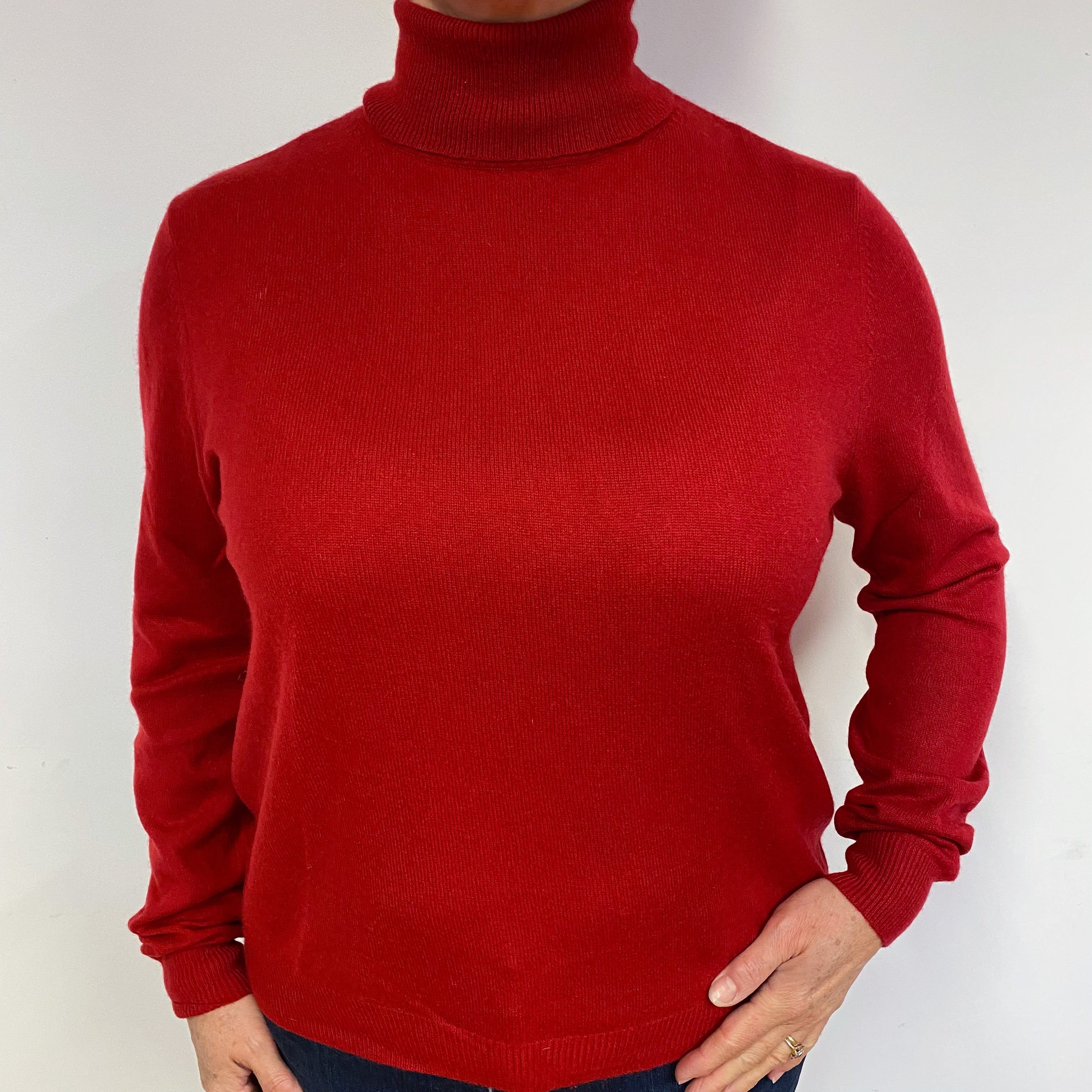 Crimson Red Cashmere Polo Neck Jumper Large