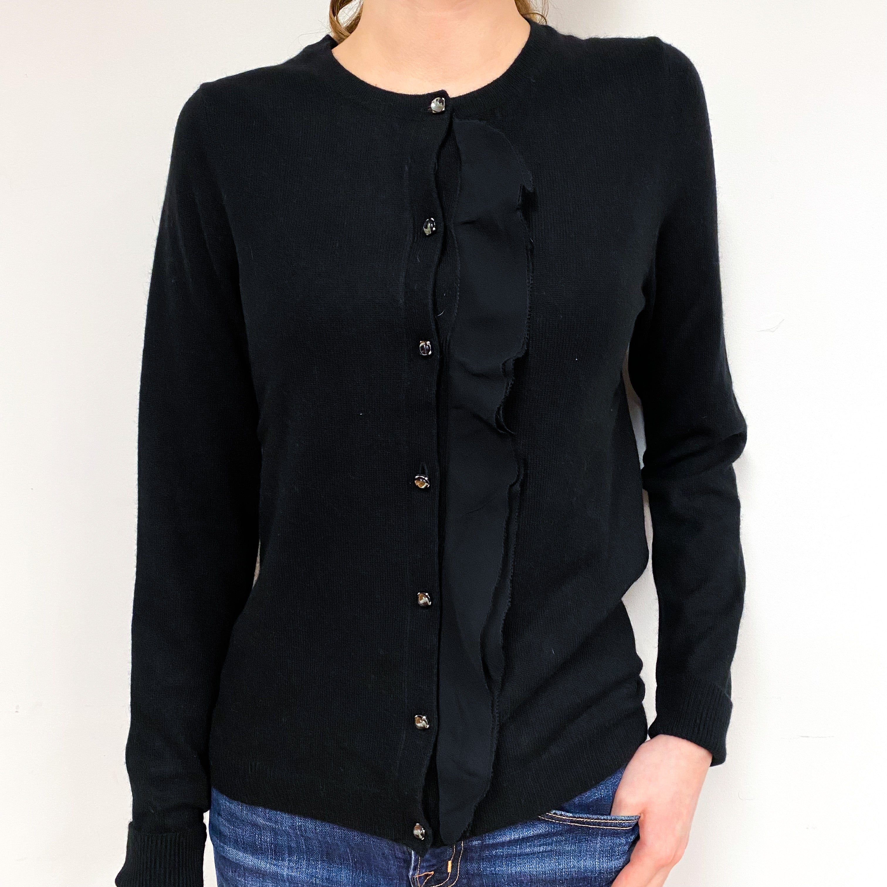 Black Chiffon Trim Cashmere Crew Neck Cardigan Extra Small