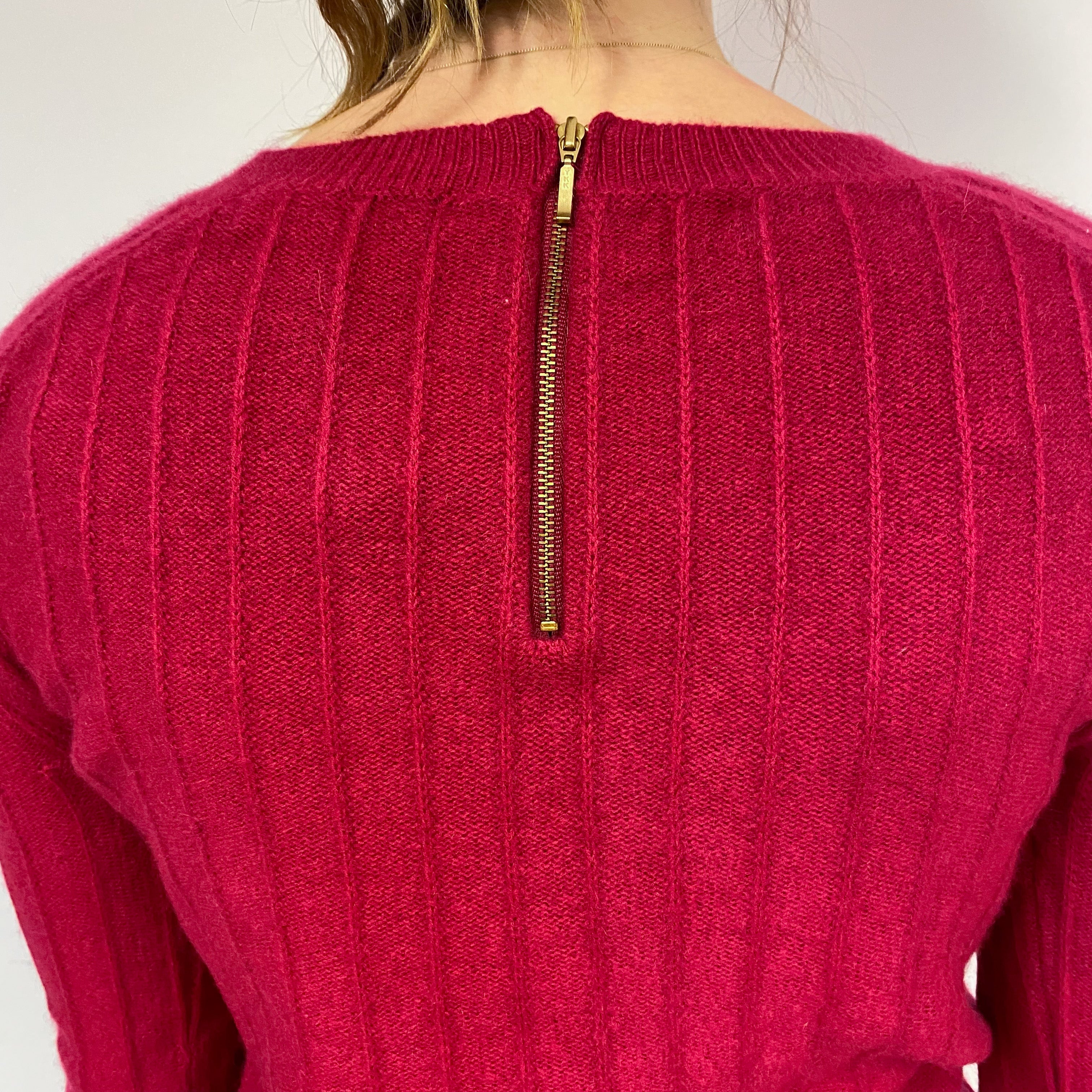 Ruby Red Ribbed Cashmere Crew Neck Jumper Small