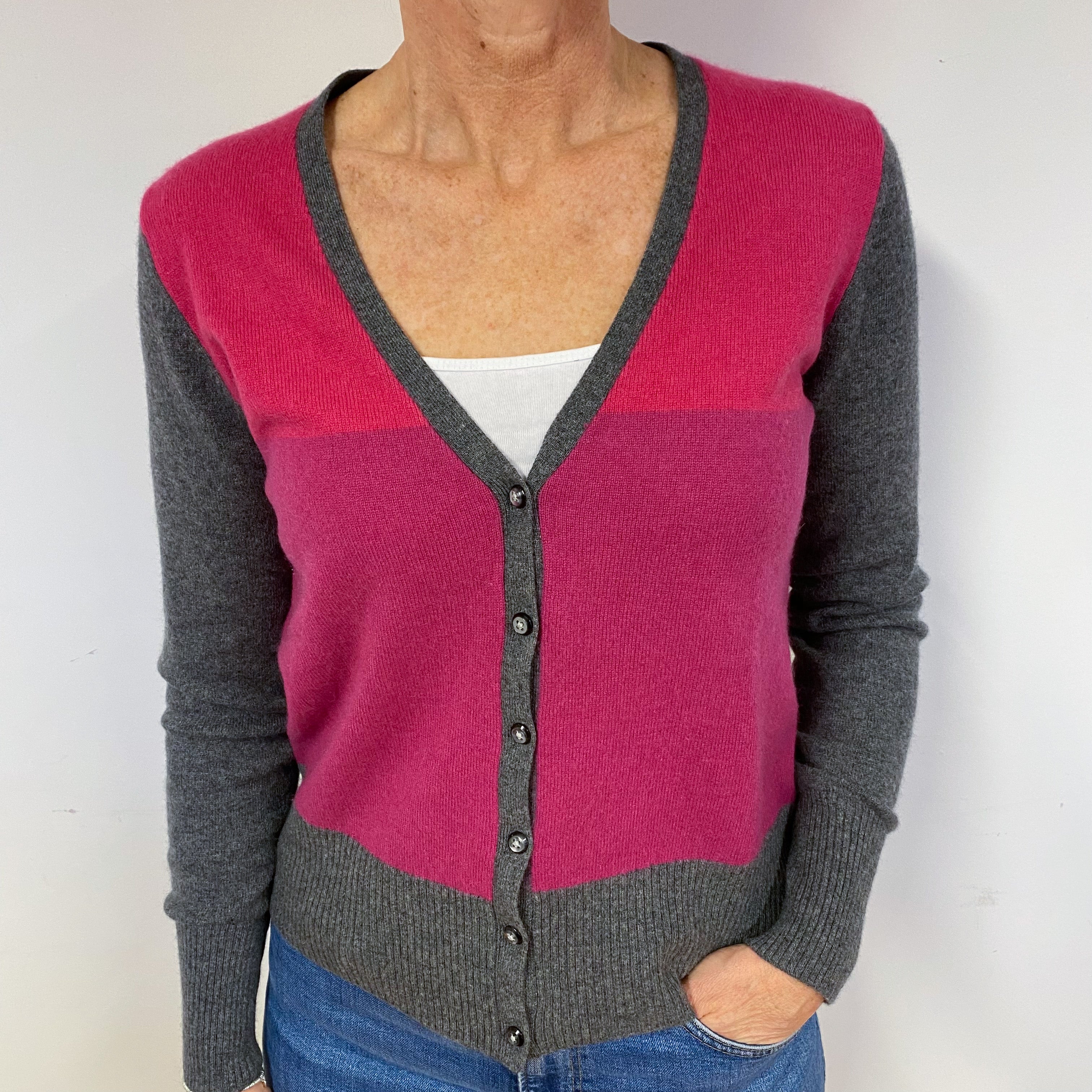 Pink and Grey Cashmere V-Neck Cardigan Medium
