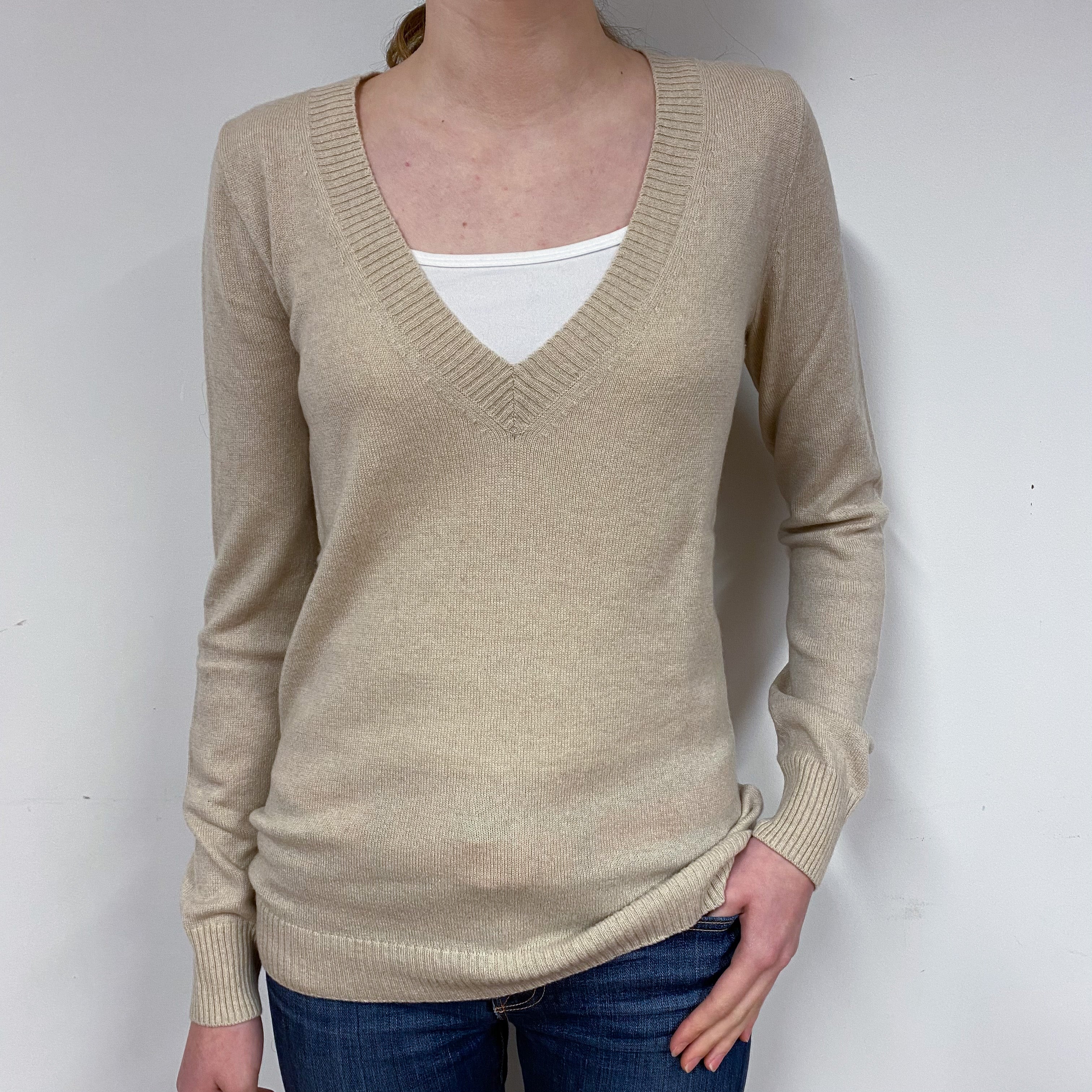 Oatmeal Longline Cashmere V-Neck Jumper Extra Small