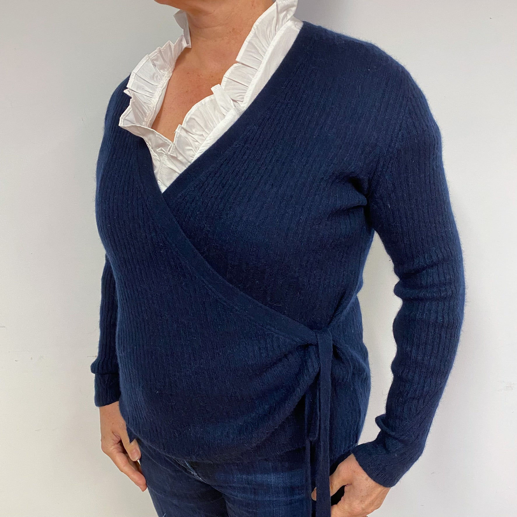 Navy Blue Wrap Cashmere Cardigan Large