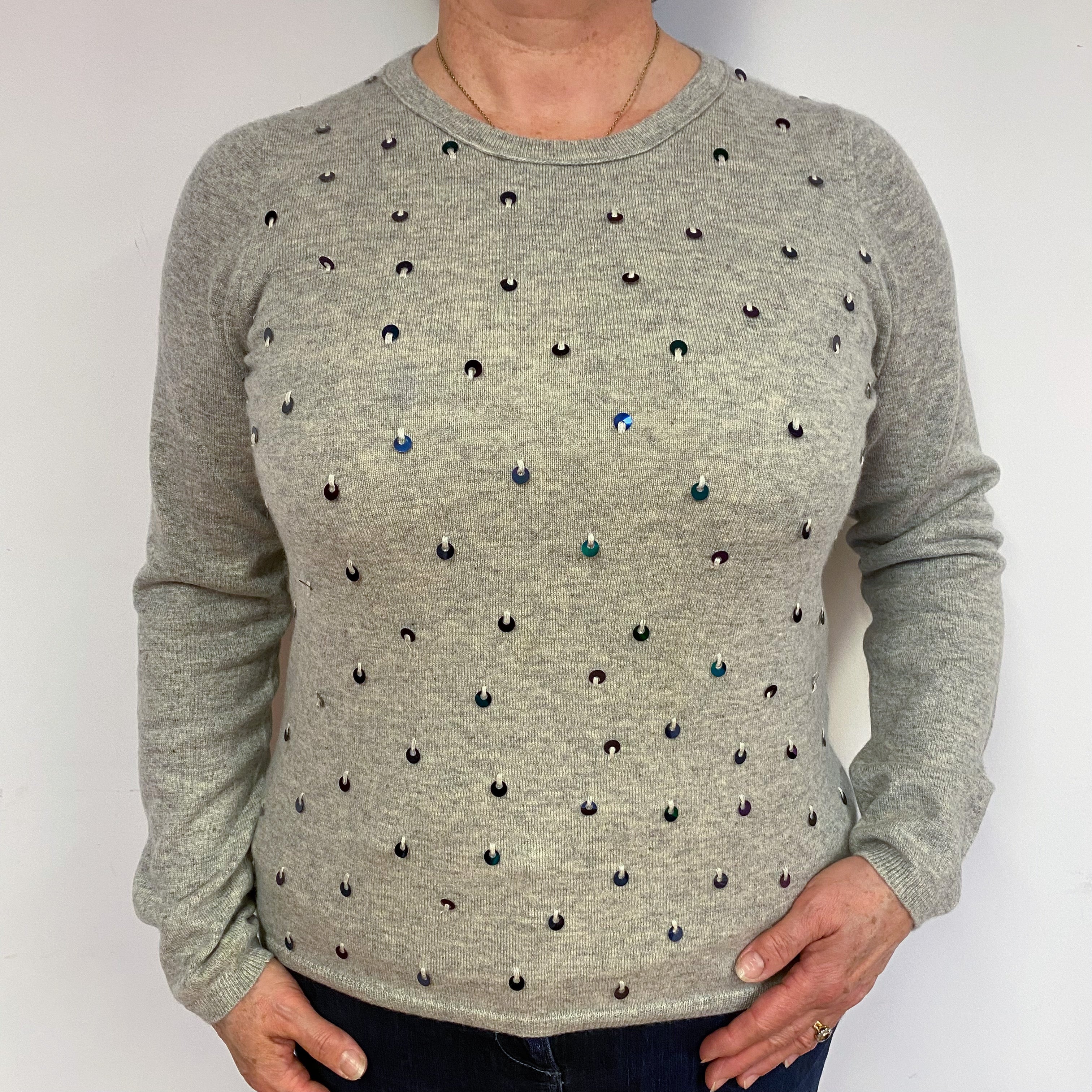 Smoke Grey Sequin Cashmere Crew Neck Jumper Large