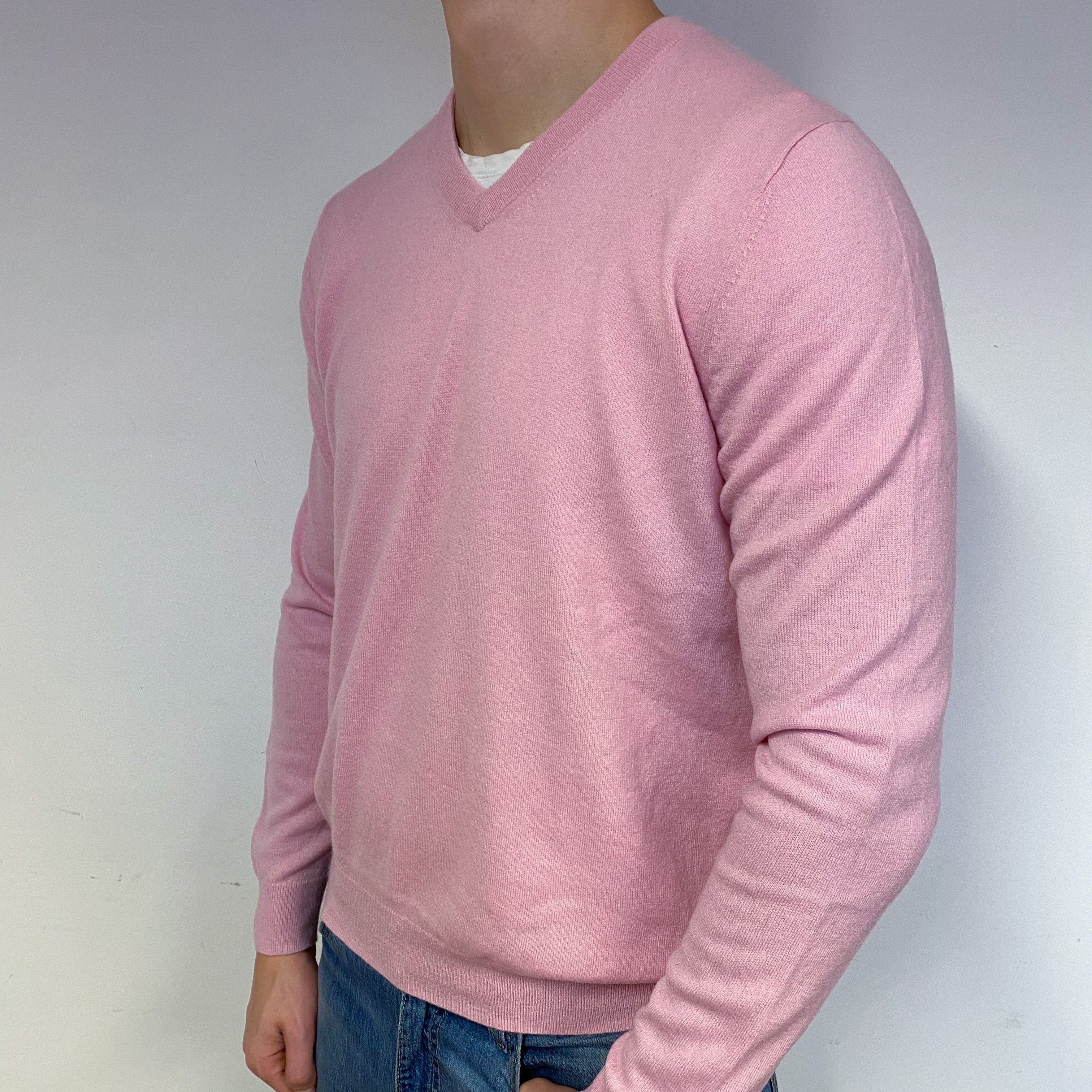 Men's Carnation Pink Cashmere V-Neck Jumper Extra Large