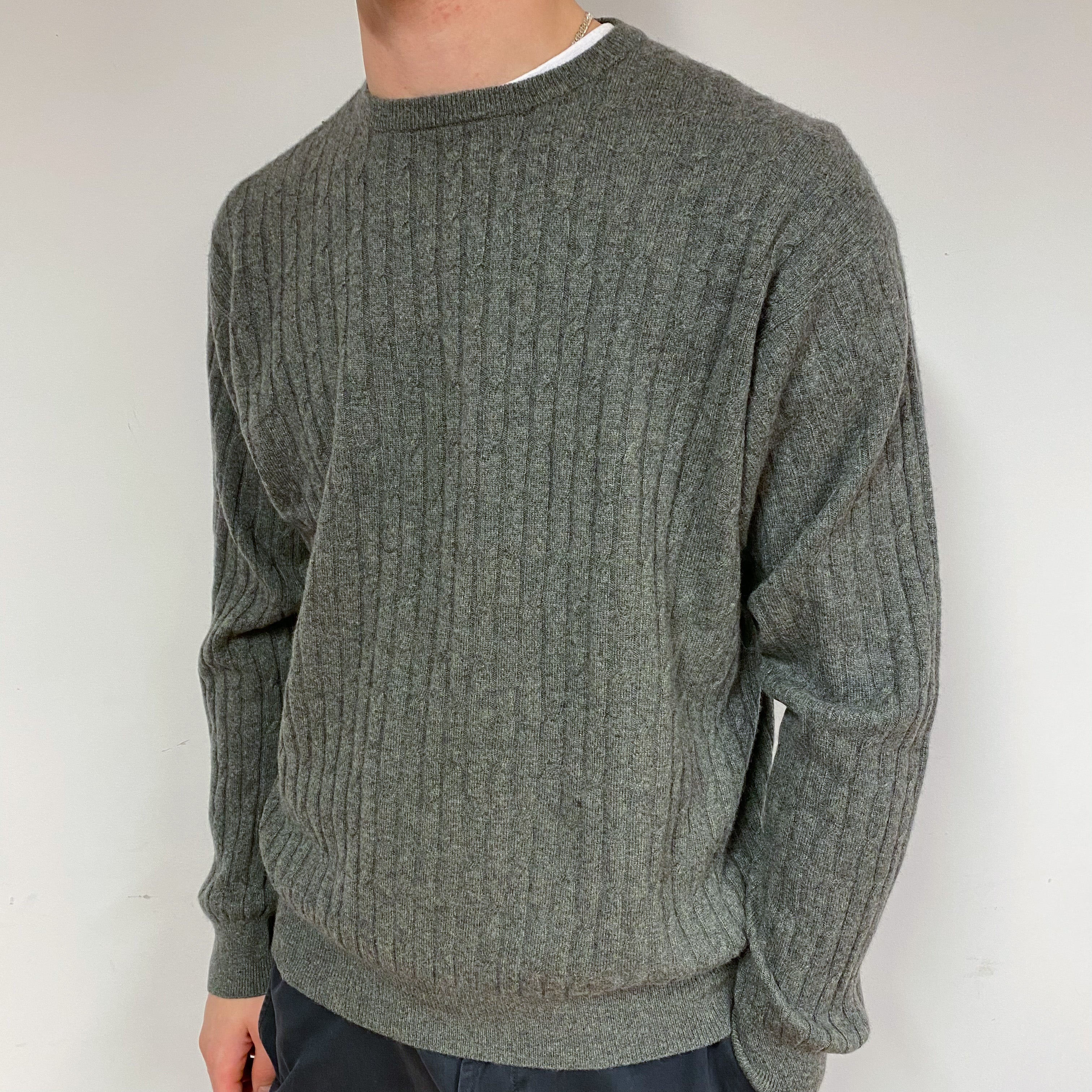 Men's Muted Khaki Cashmere Crew Neck Jumper Large