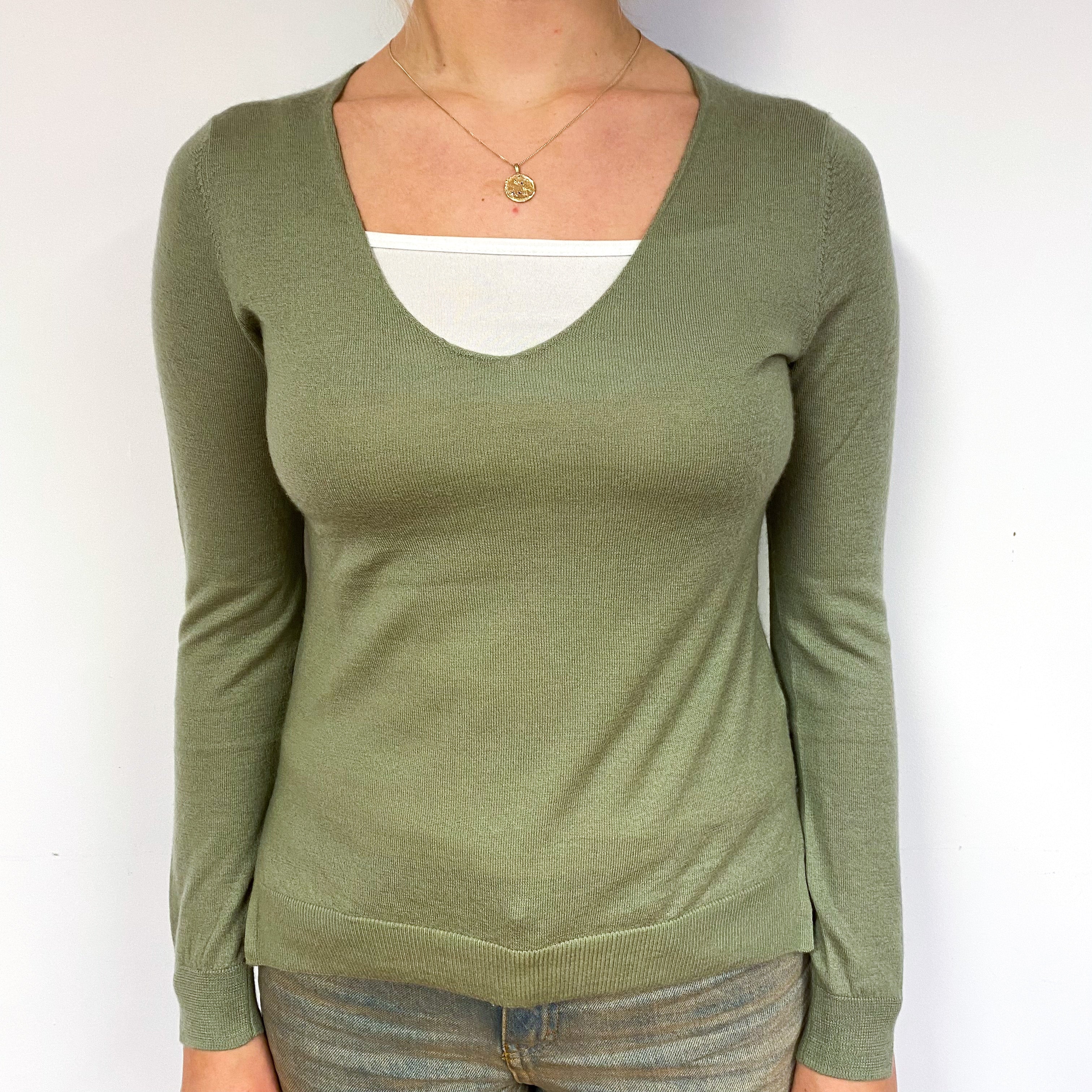 Olive Green Fine Knit Cashmere V-Neck Jumper Small