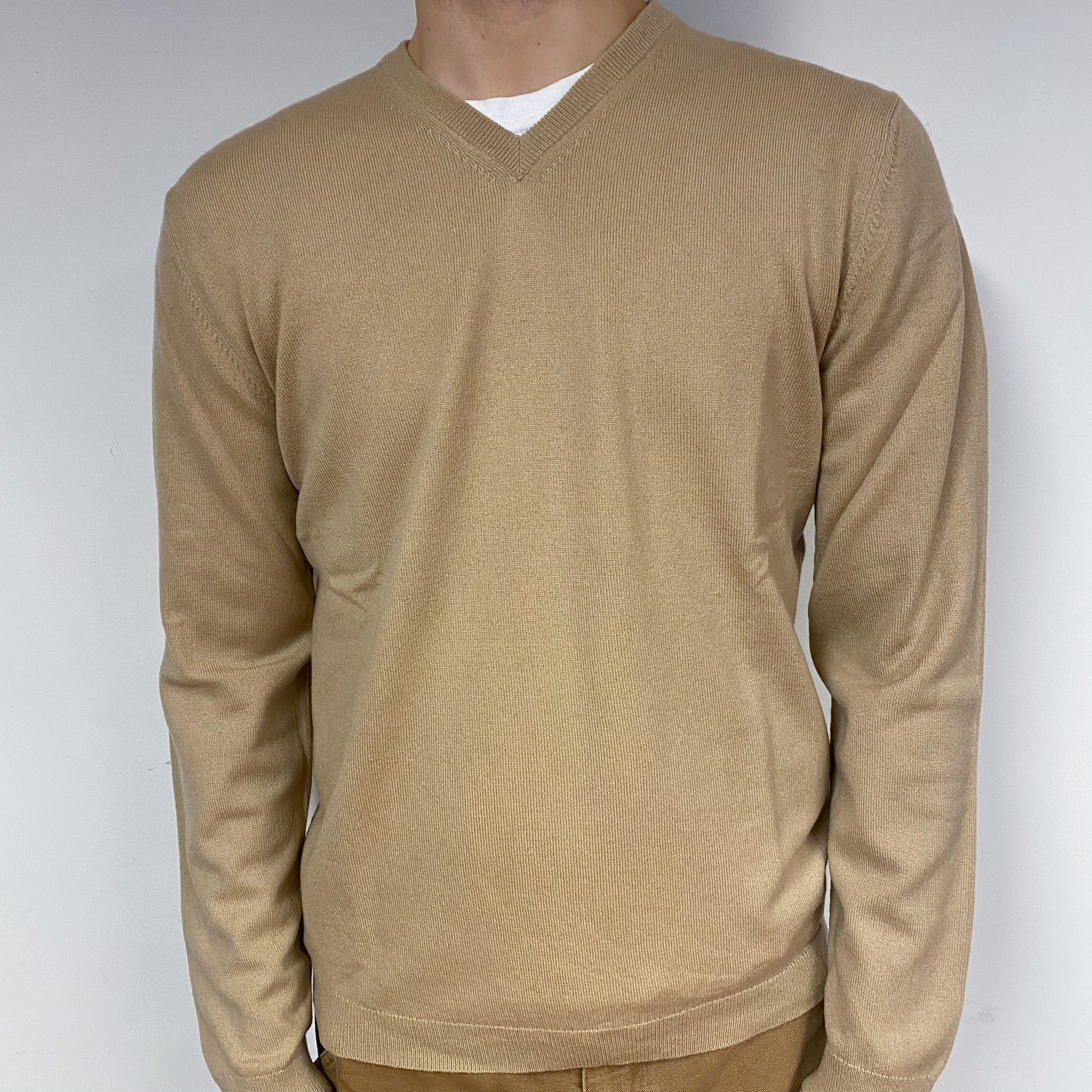 Men's Biscuit Beige Cashmere V-Neck Jumper Medium