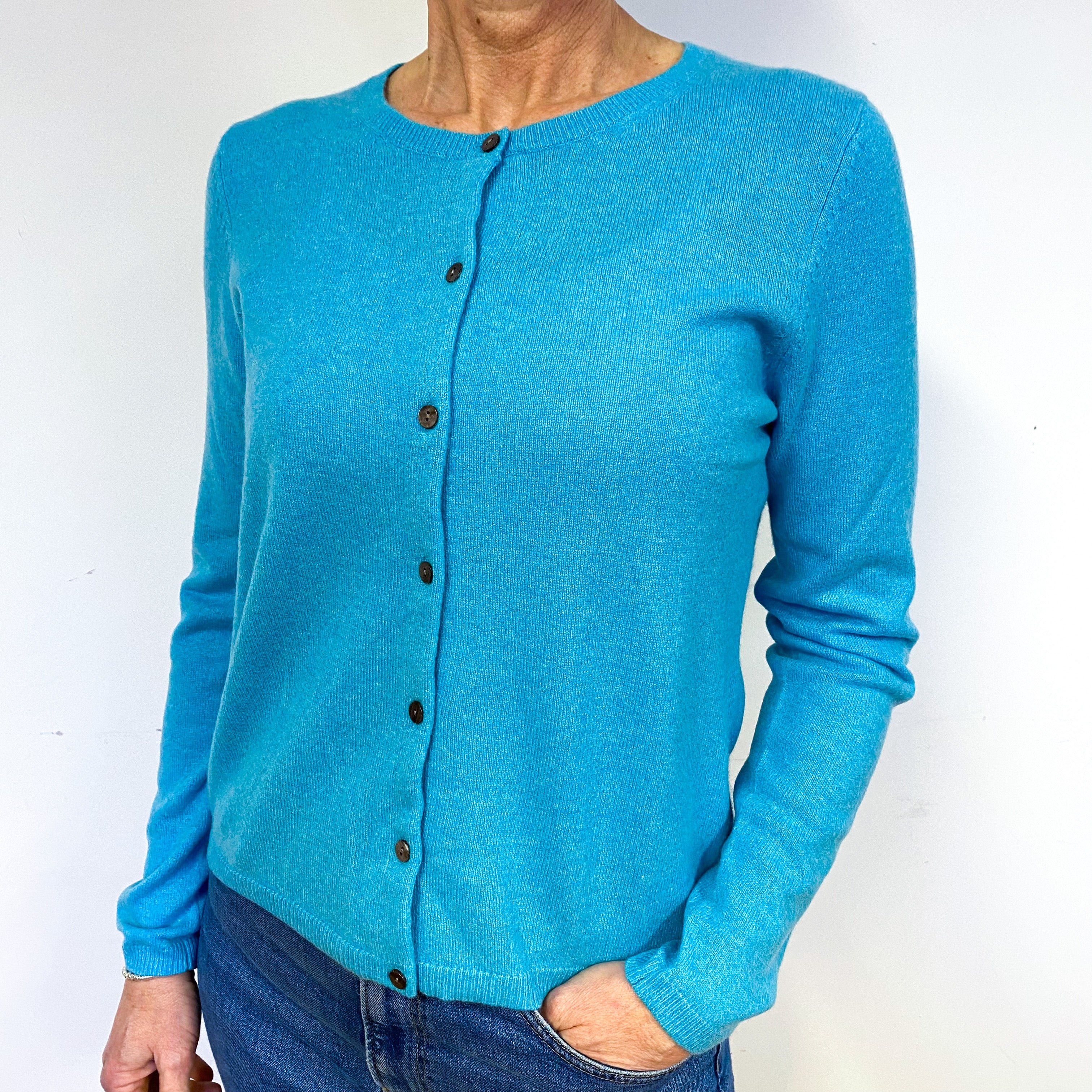 New Aqua Blue Cashmere Crew Neck Cardigan Medium