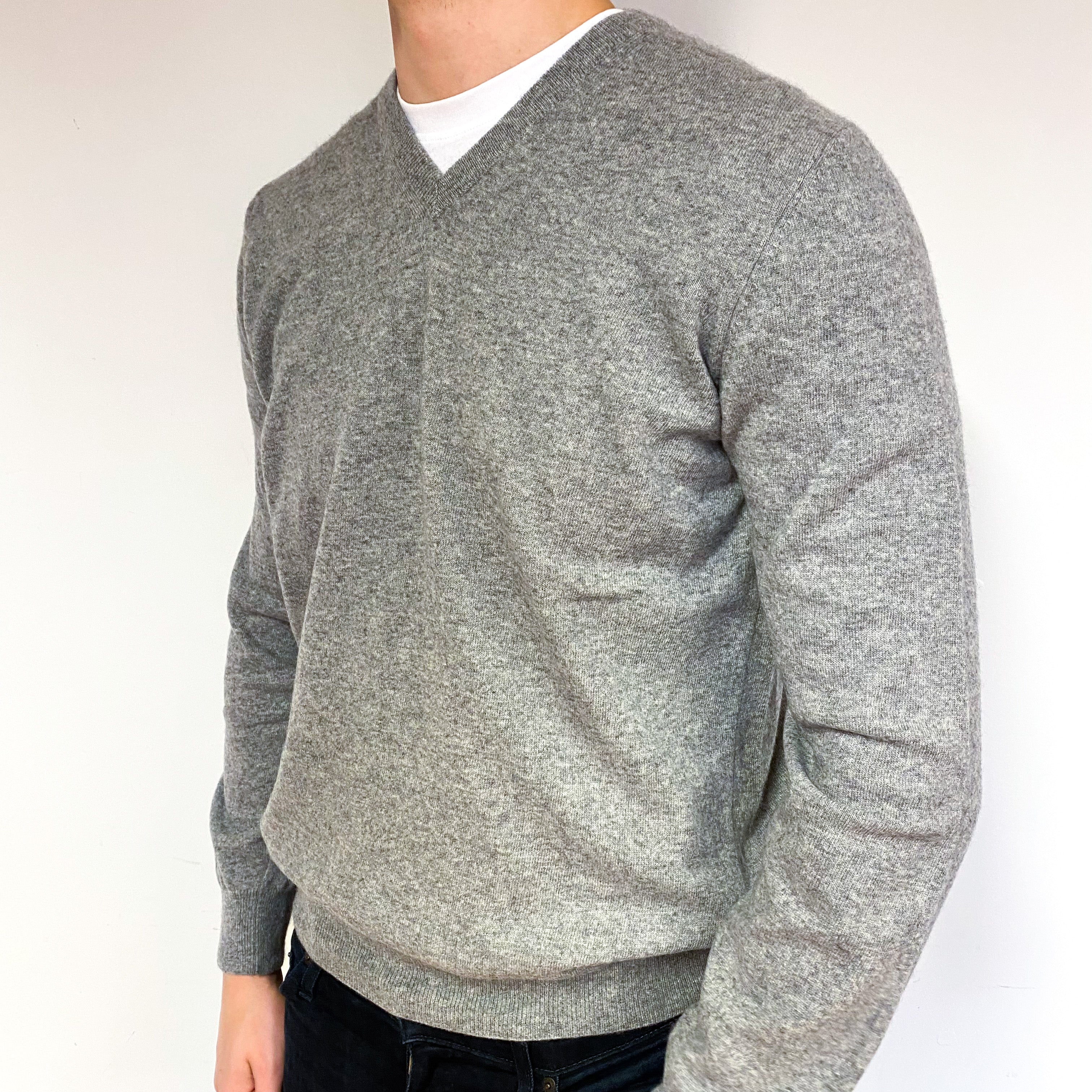Men's Ash Grey Cashmere V-Neck Jumper Extra Large