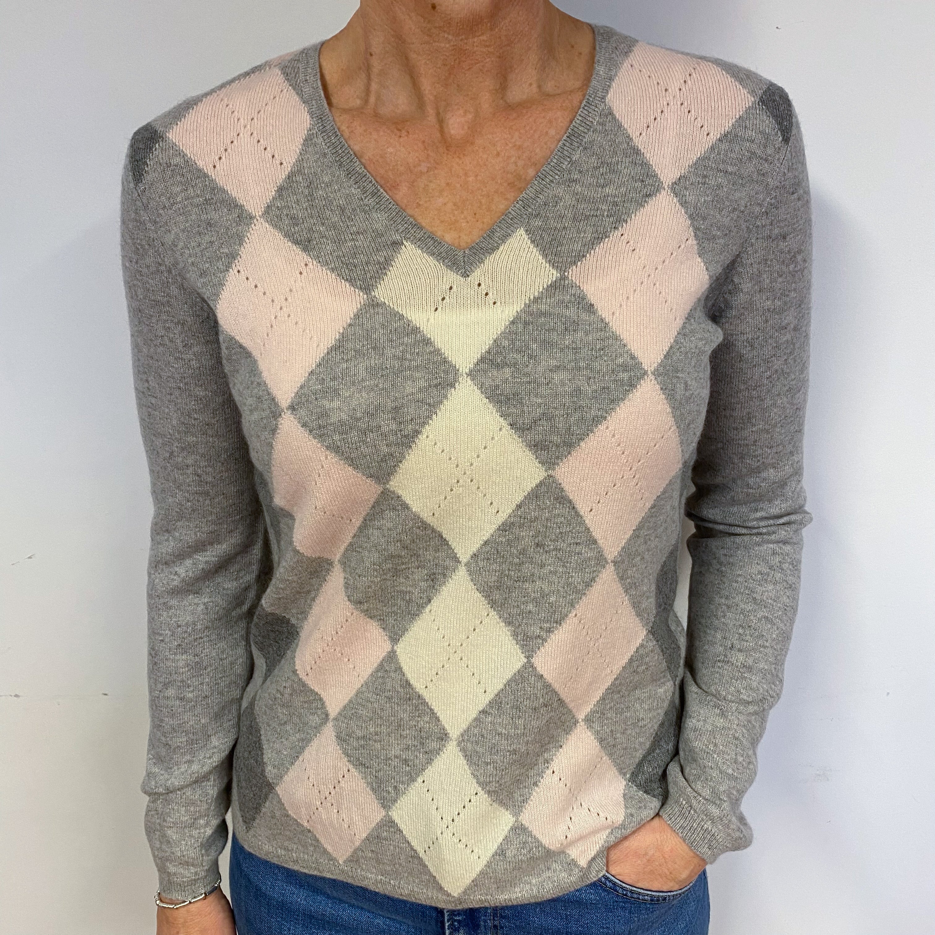 Grey Diamond Cashmere V-Neck Jumper M
