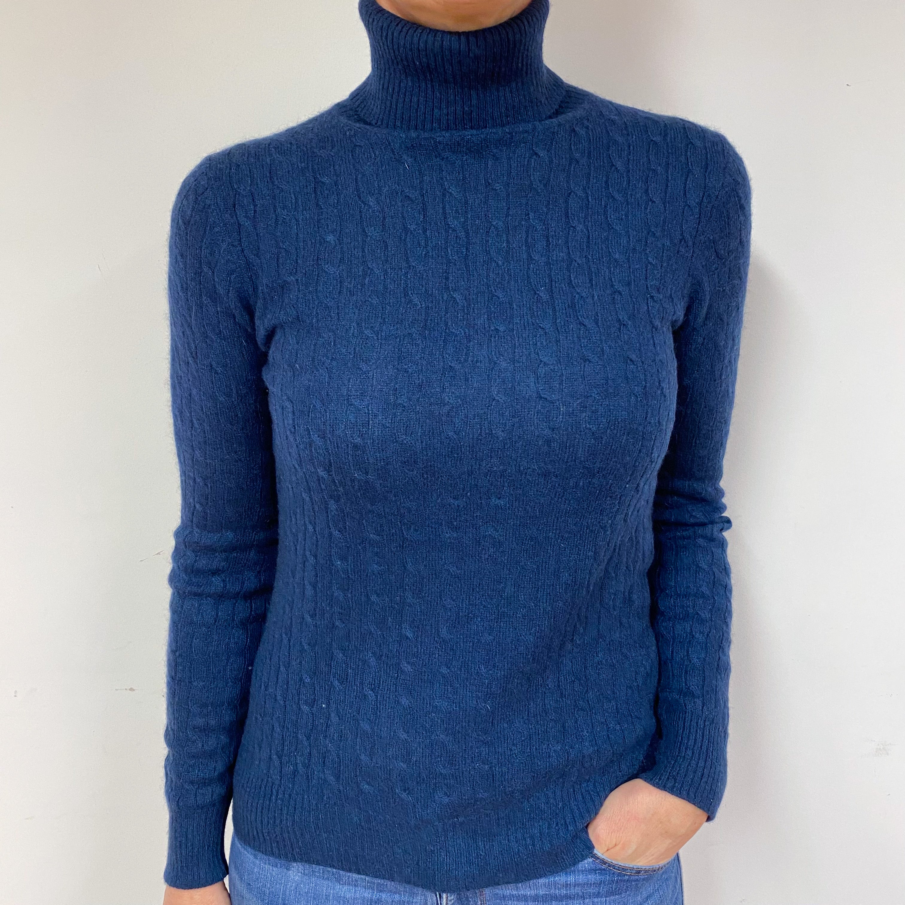 Midnight Blue Cable Cashmere Polo Neck Jumper Medium