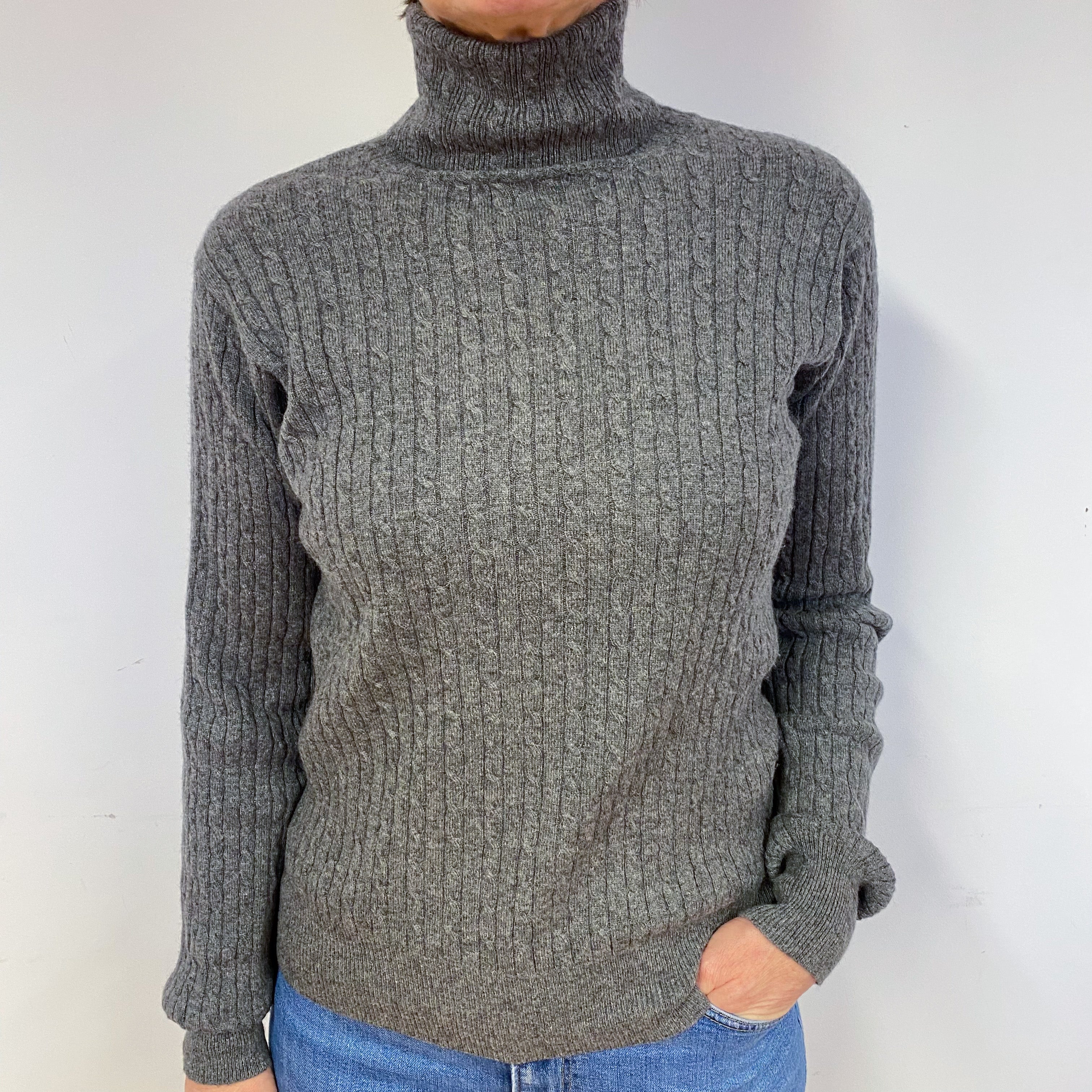 Slate Grey Cable Cashmere Polo Neck Jumper Medium