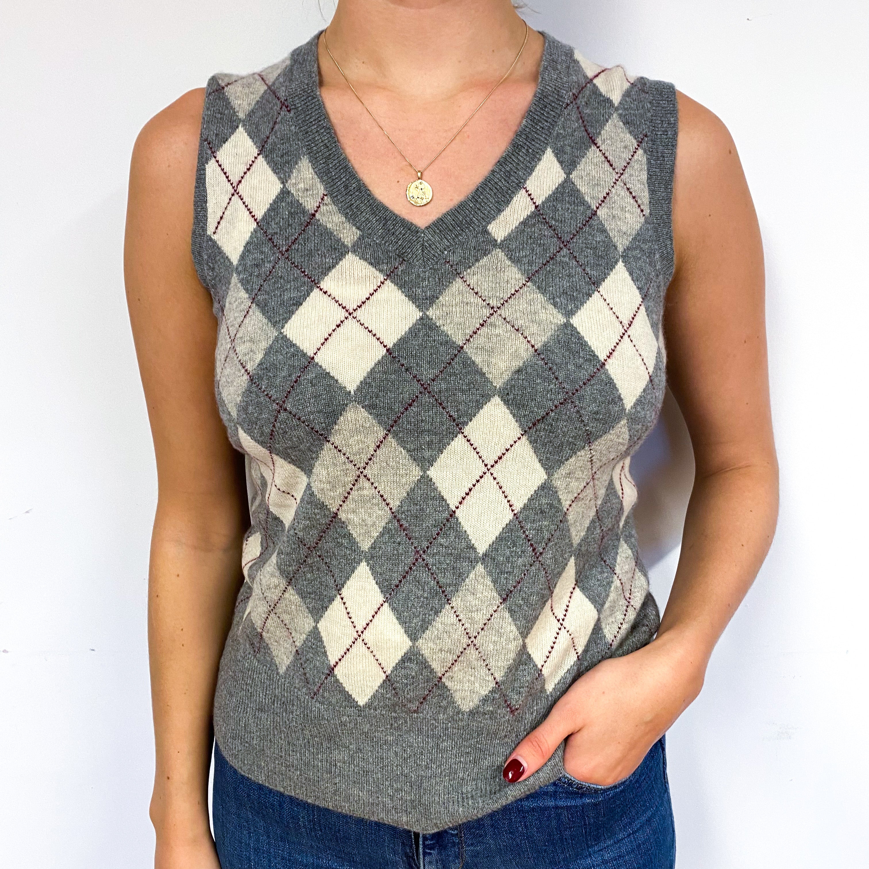 Grey Argyle Cashmere V-Neck Tank Top Small
