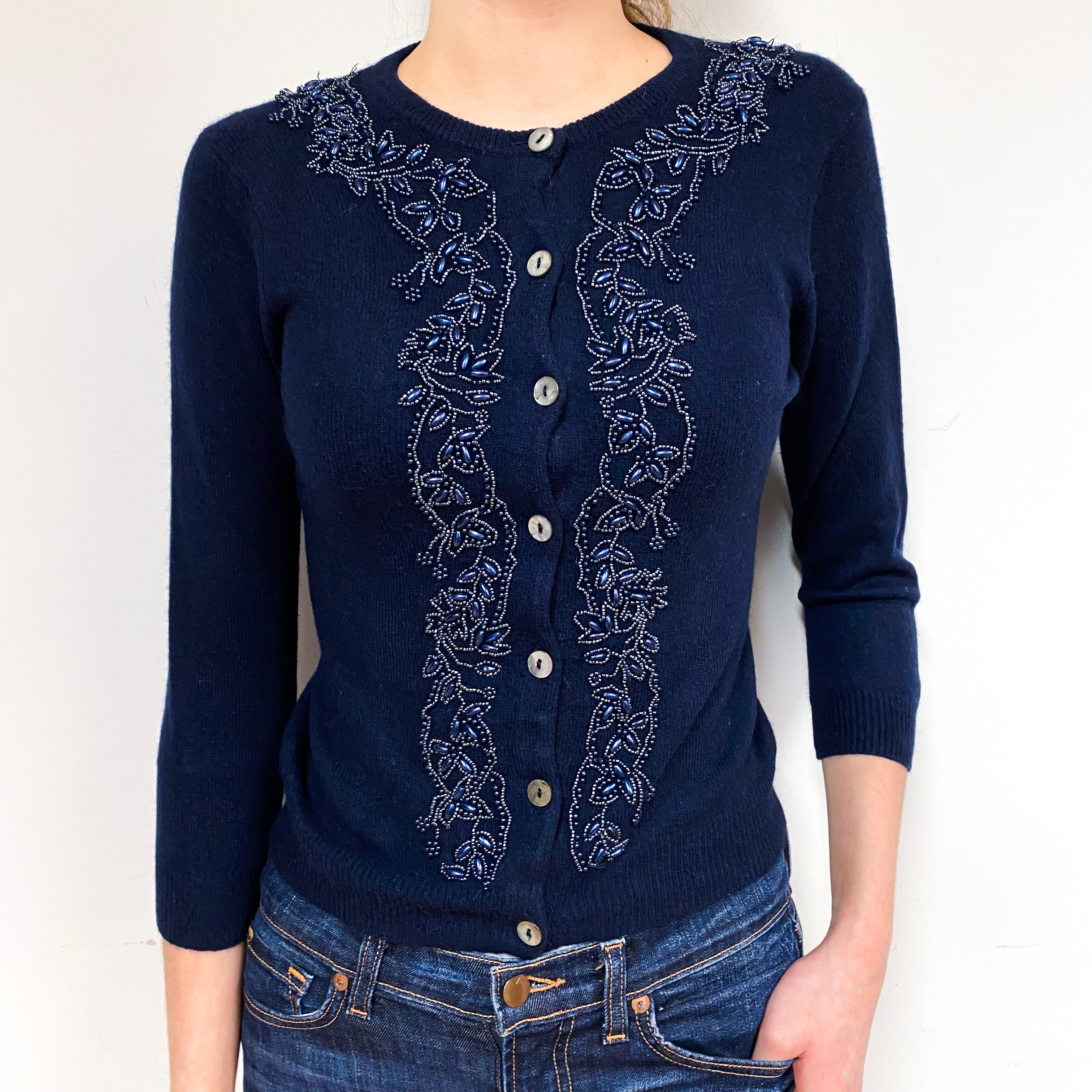 Navy Embellished Cashmere Crew Neck Cardigan Extra Small