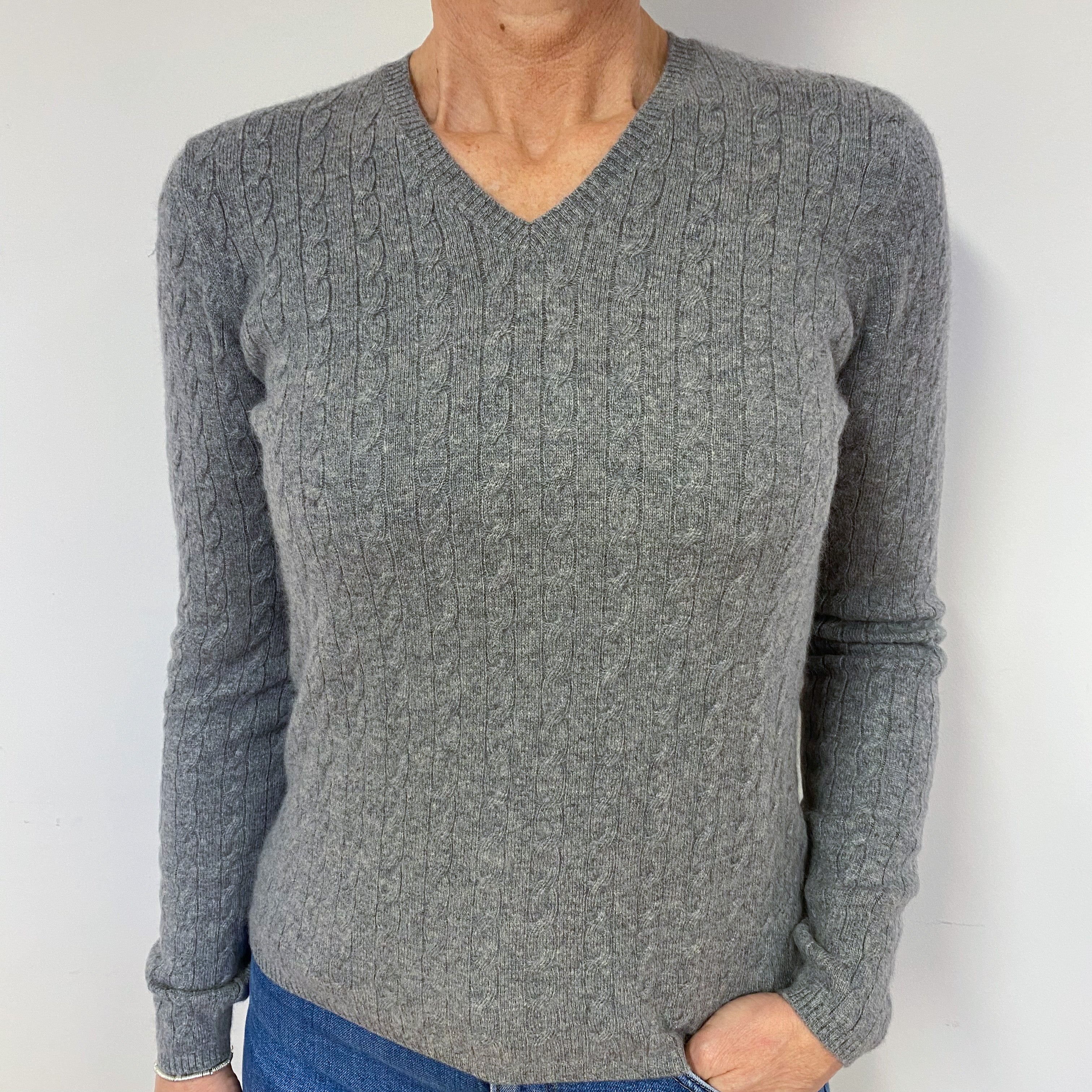 Steel Grey Cable Cashmere V-Neck Jumper Medium