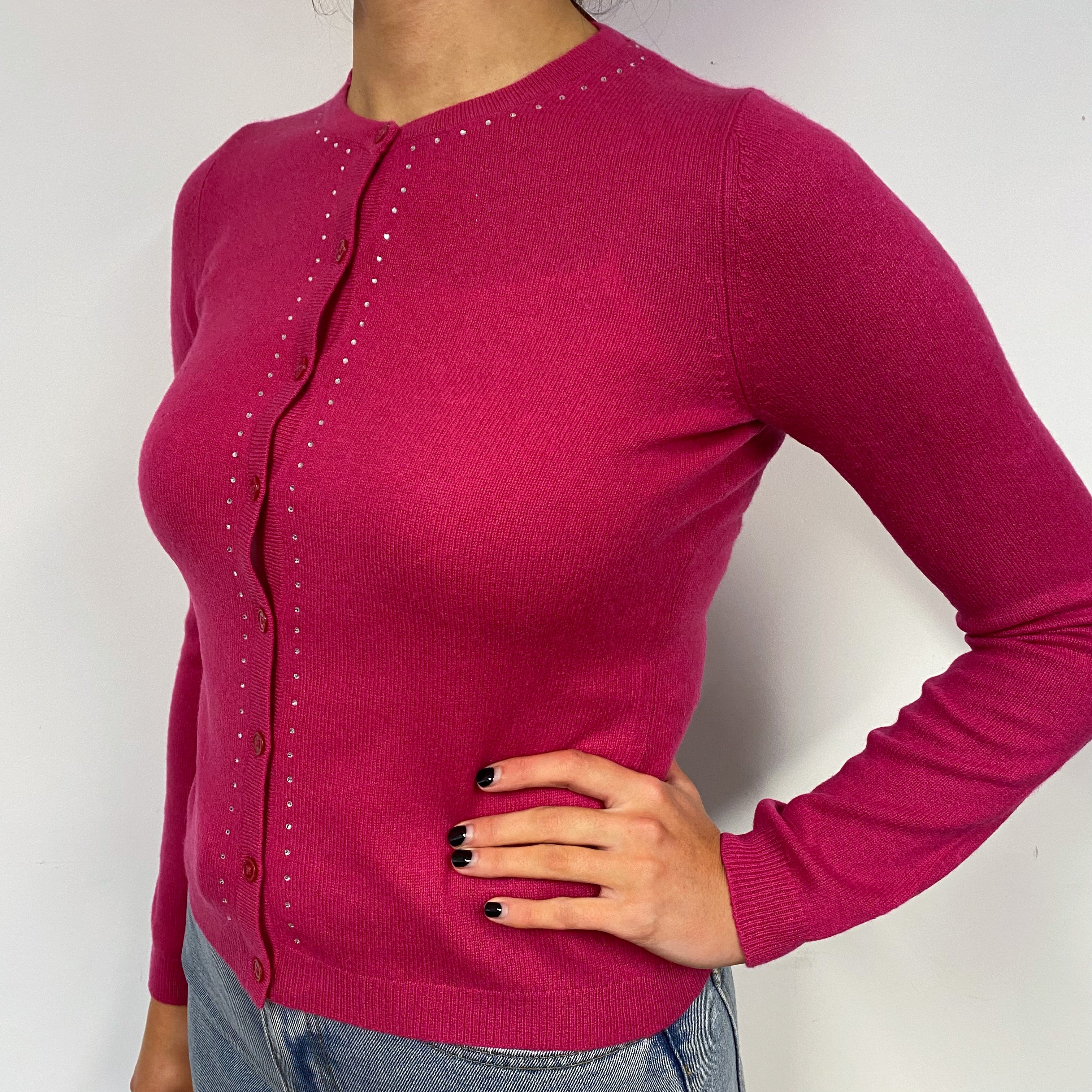 Raspberry Pink Diamanté Cashmere Cardigan Small