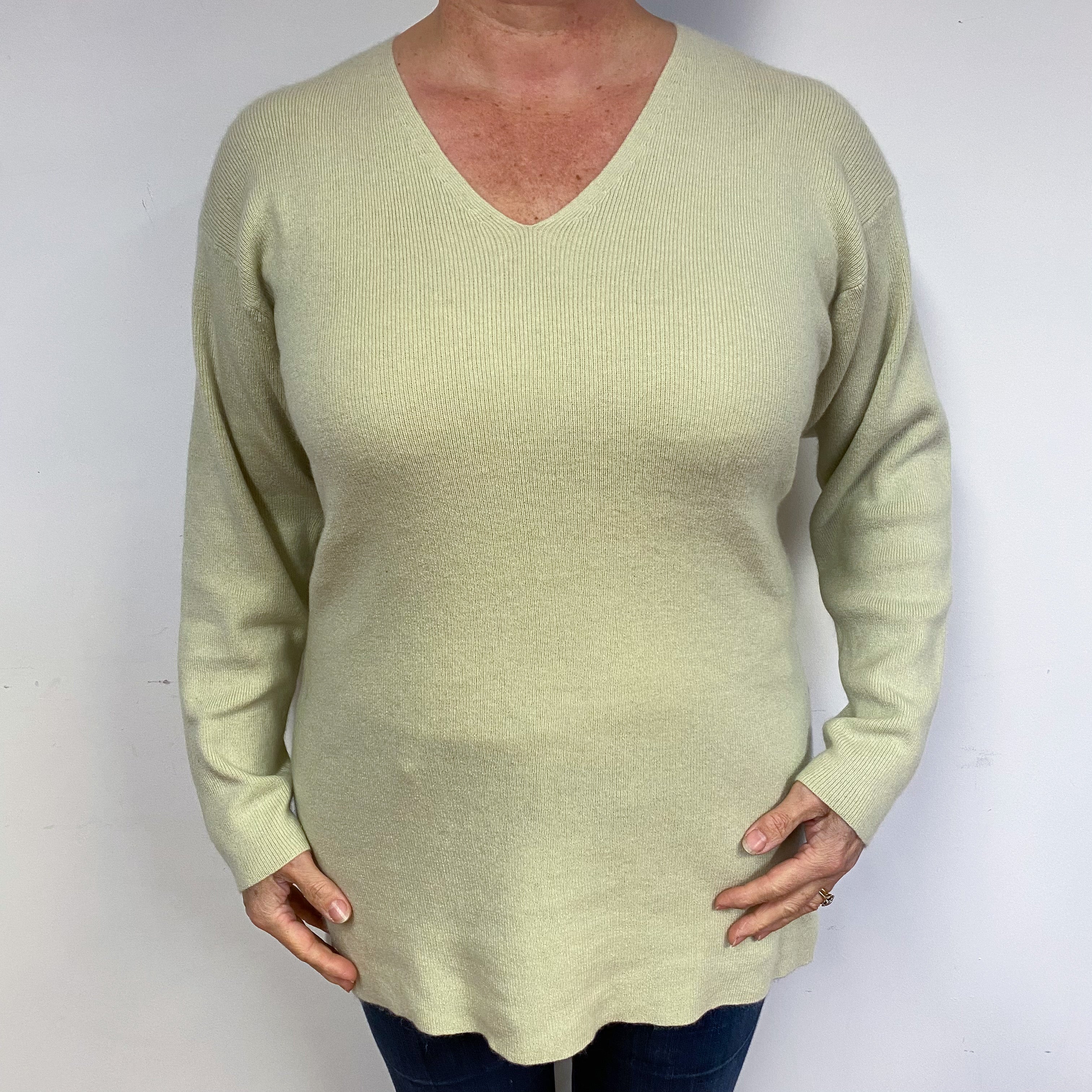 Celery Green Cashmere V-Neck Jumper Large